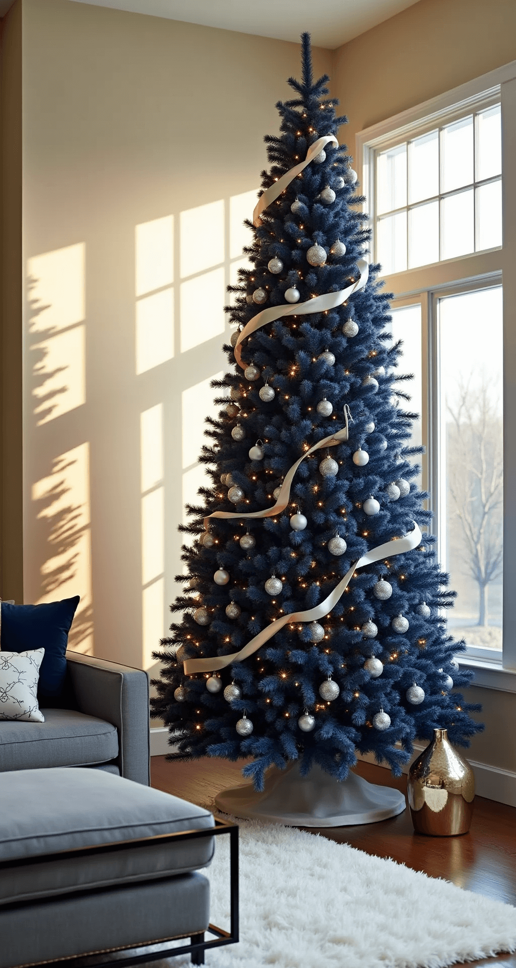 A modern living room with cream walls features a 7.5' navy blue Christmas tree adorned with silver and crystal ornaments, and white satin ribbons, illuminated by golden hour sunlight streaming through a large bay window. A contemporary gray sectional and glass coffee table are arranged in the space, with a white faux fur rug under the tree and metallic accents enhancing the sophisticated holiday elegance.