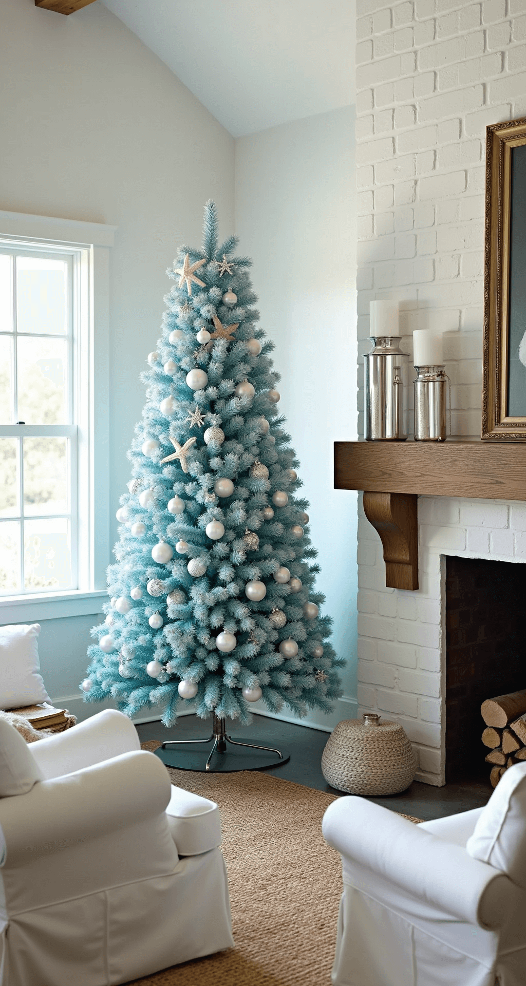 A coastal-themed great room featuring a 6' powder blue tinsel tree decorated with pearlescent shells and silver baubles, positioned near a white-painted brick fireplace. Bright natural light reflects off metallic surfaces, illuminating a white slip-covered furniture arrangement on a sisal rug and accents of driftwood. A weathered oak mantel displays mercury glass hurricanes, creating a casual beach house holiday atmosphere.