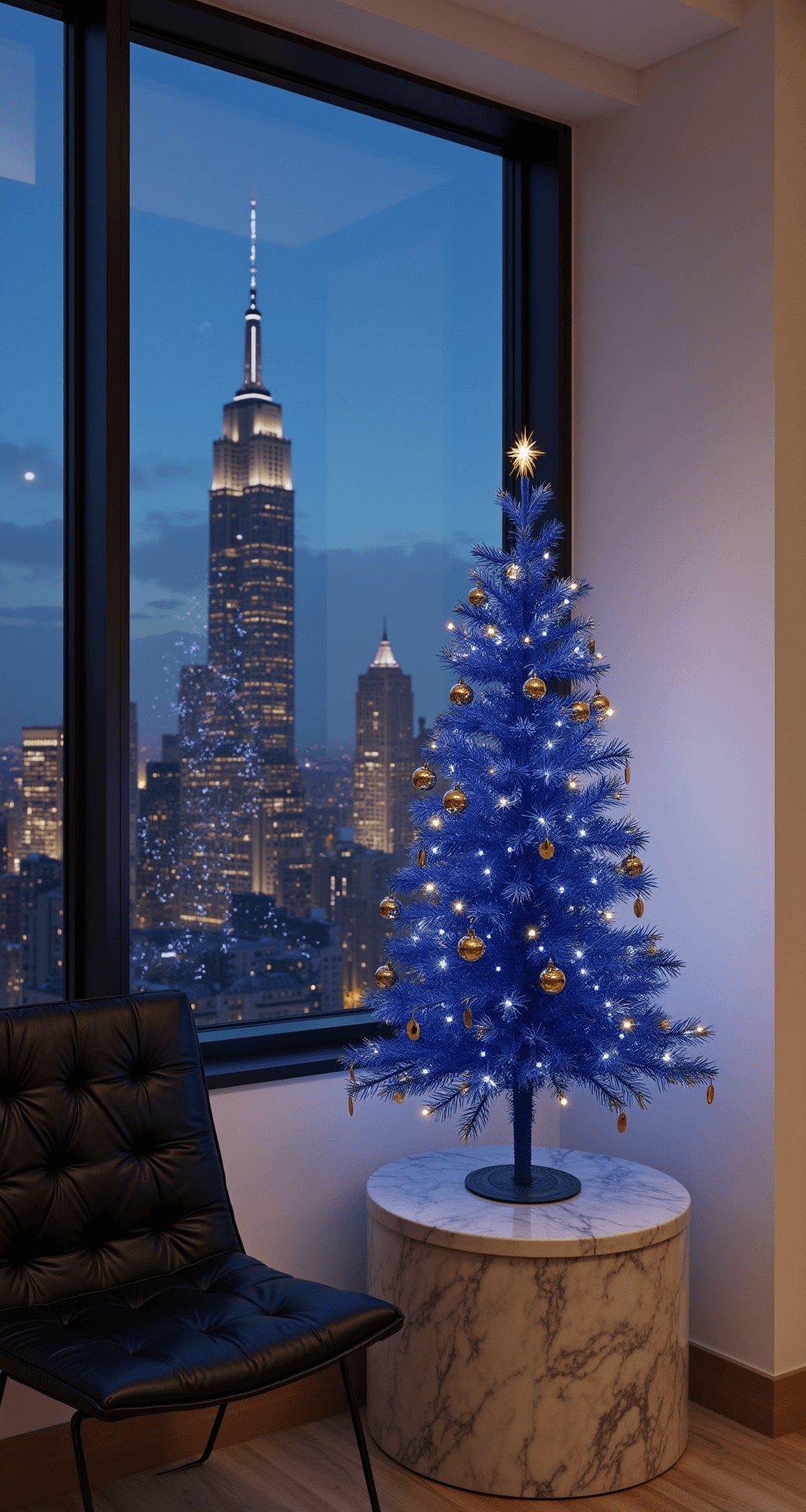 A compact urban apartment living space features floor-to-ceiling windows revealing twilight city lights. A slim royal blue Christmas tree adorns a marble side table, surrounded by minimalist geometric gold ornaments and LED wire lights. A black leather Barcelona chair complements the decor, which includes glass and brass accents against white walls adorned with abstract art. The low-angle view highlights the tree contrasting with the night skyline, illuminated by a cool ambient glow and warm tree lights, evoking a contemporary metropolitan holiday mood.