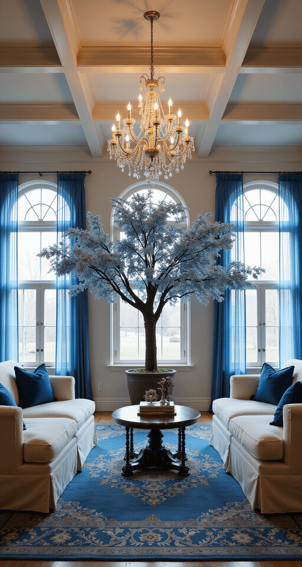 A traditional formal living room featuring a coffered ceiling and a gradient blue-to-silver Christmas tree, elegantly decorated with vintage silver ornaments, pearl garlands, and blue velvet ribbons, with classic cream linen furniture and a blue and silver oriental rug, all illuminated by a dimmed chandelier and spotlights on the tree, conveying a classic yet modern festive ambiance.