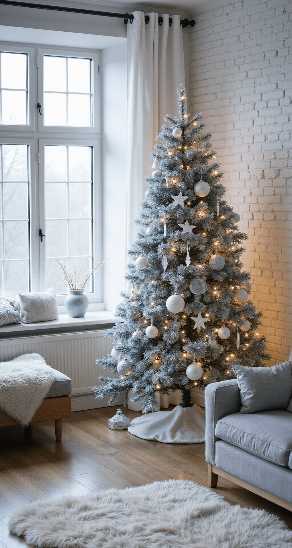 A serene Scandinavian-style interior featuring white painted brick walls, a frosted window allowing morning light, and a 7-foot ice blue Christmas tree adorned with minimal decorations such as white paper stars, crystal icicles, and silver tinsel. The space is furnished with light wood furniture, sheepskin throws, and gray textiles, all contributing to a calm Nordic winter atmosphere.