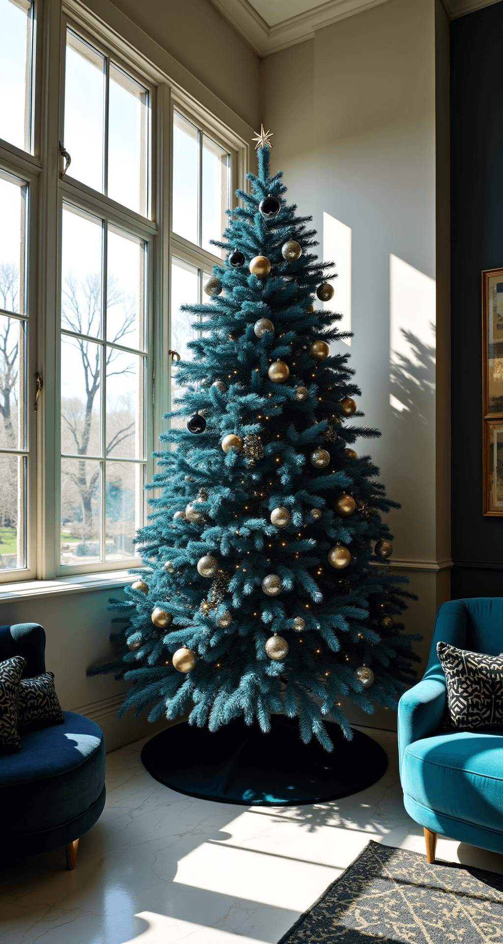 A glamorous art deco inspired interior featuring a 16'x16' corner unit with panoramic windows, showcasing an 8' metallic blue tree with iridescent finish. The scene is illuminated by late afternoon sunlight casting long shadows, with black and gold geometric ornaments, mirrored balls, and blue feather accents. Deep teal velvet furniture and brass details complement the marble floor adorned with a geometric rug. The composition is captured from a dramatic upward angle, highlighting the height of the space, enhanced by cool LED lights on the tree.