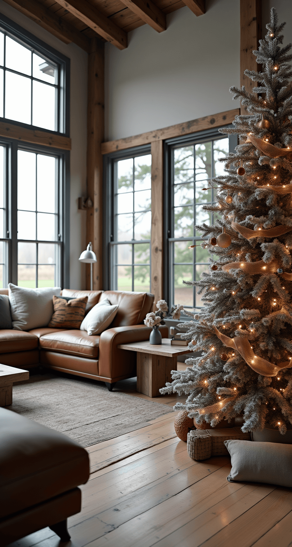 A rustic modern family room featuring exposed beams and a 7-foot matte navy Christmas tree adorned with snow-flocked tips and mixed metallic ornaments. The midday light filters through farmhouse windows, illuminating a leather sectional, reclaimed wood tables, and industrial lighting fixtures. Cozy textures are highlighted in throws and pillows, enhancing the comfortable contemporary holiday atmosphere.