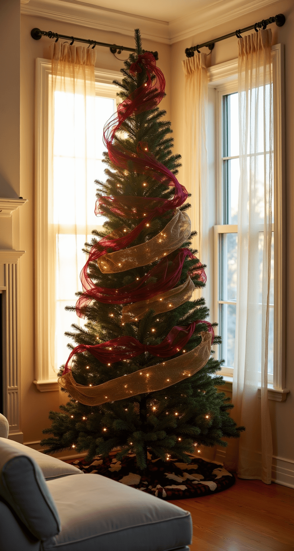 A warmly lit living room at golden hour featuring a 9-foot Fraser fir in a bay window, mid-decoration with burgundy velvet ribbon cascading down. Natural sunlight filters through white curtains, highlighting the tree, with a modern grey sectional in the foreground and cream walls and hardwood floors as an elegant backdrop.