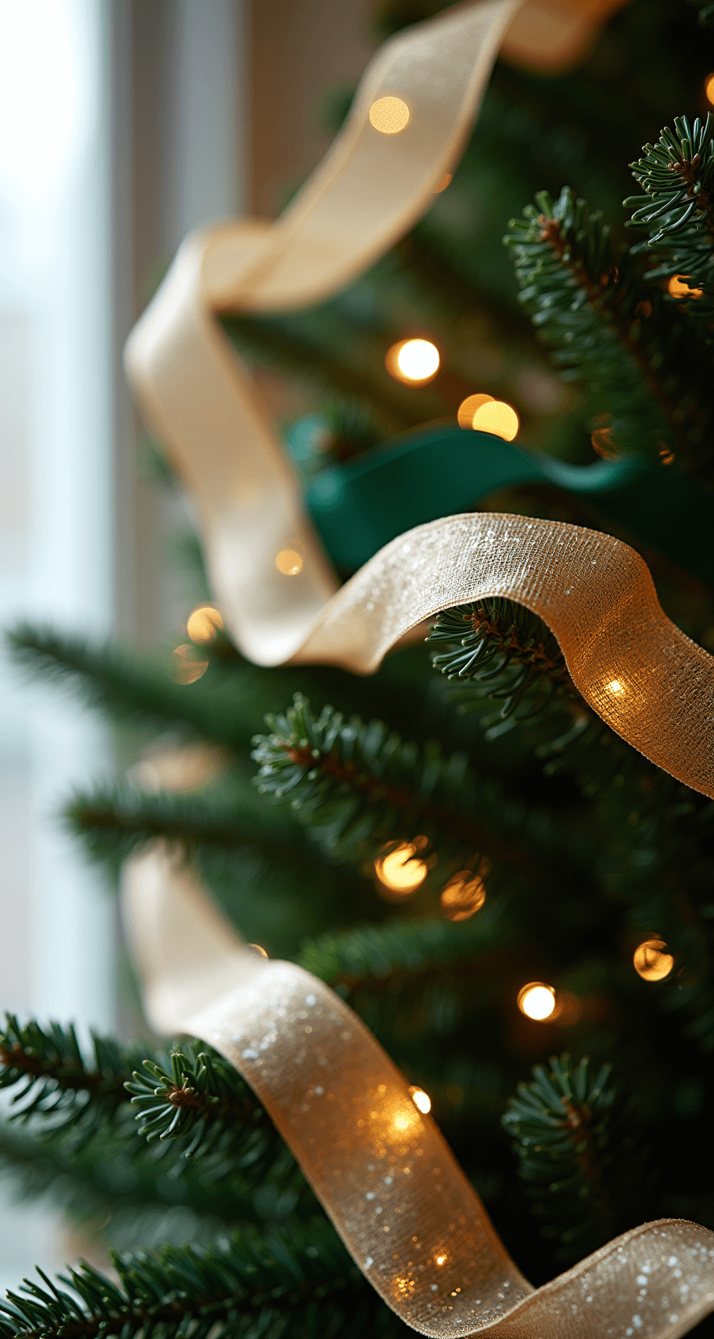 Close-up detail of a Christmas tree branch intersection, featuring champagne silk, gold mesh, and emerald velvet ribbons tucked into evergreen branches, with LED lights creating a bokeh background, shot in cool morning light at f/1.8 for dramatic depth of field.