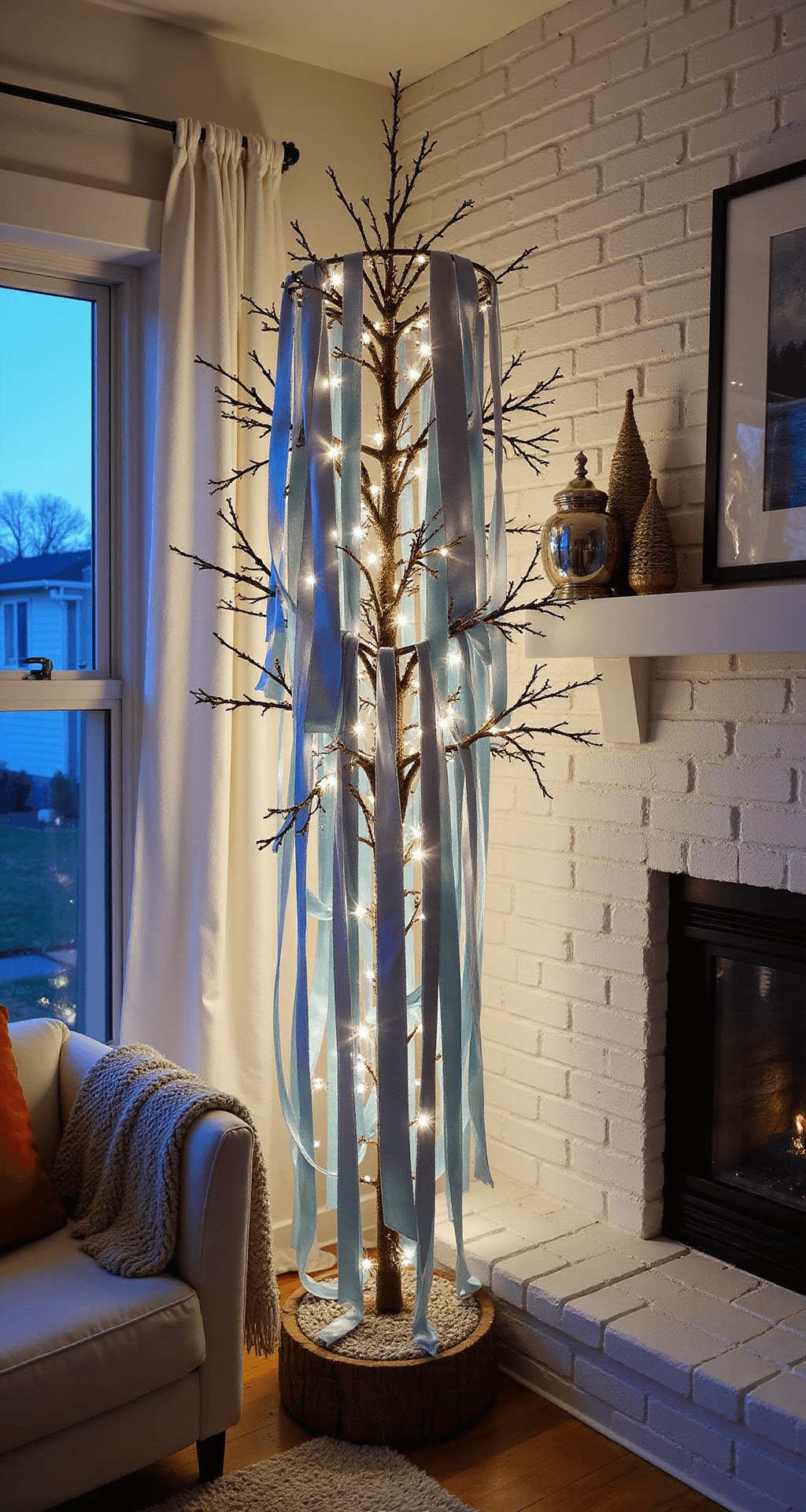Cozy corner interior at blue hour featuring a 7-foot artificial tree with silver and ice blue waterfall ribbons, modern farmhouse decor elements including a white brick fireplace and chunky knit throw, bathed in cool evening light and warm LED tree illumination.