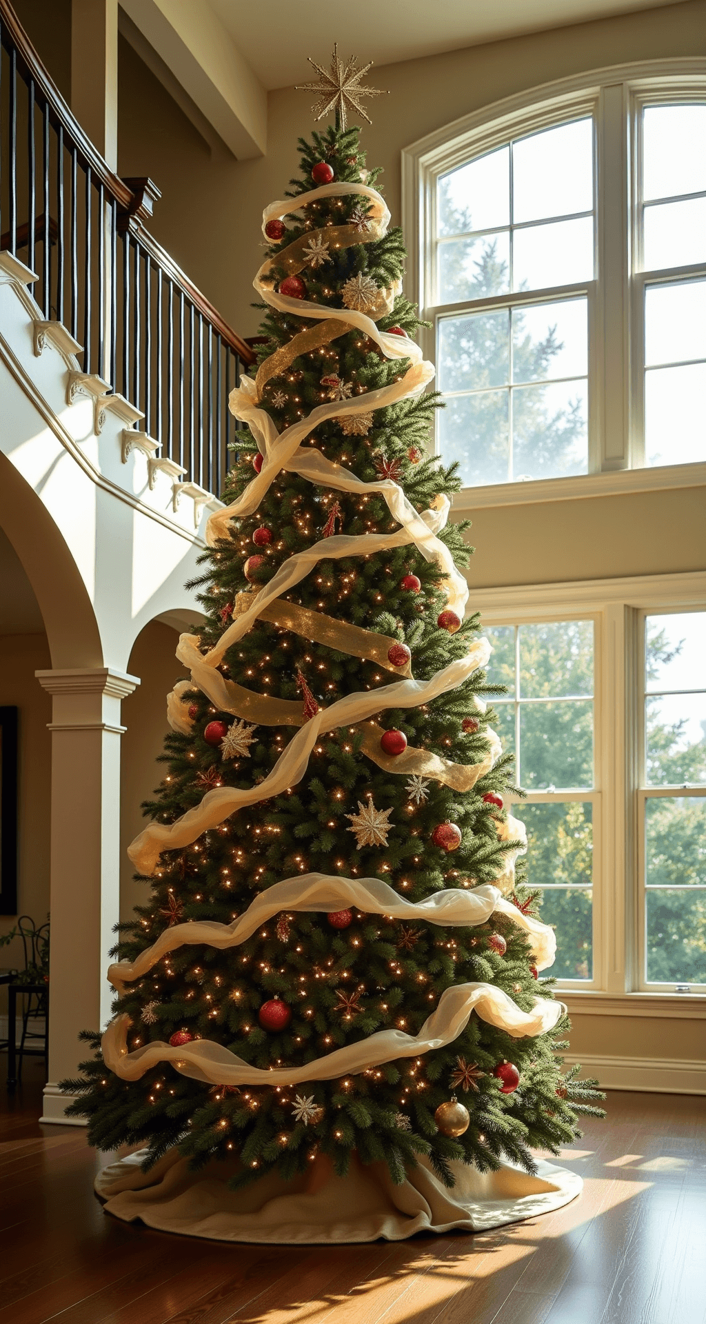 A grand two-story great room featuring a sophisticated Christmas display with a 12-foot noble fir adorned in cream and gold ribbons, captured from a low angle to emphasize the height, showcasing a curved staircase and floor-to-ceiling windows bathed in golden afternoon light.