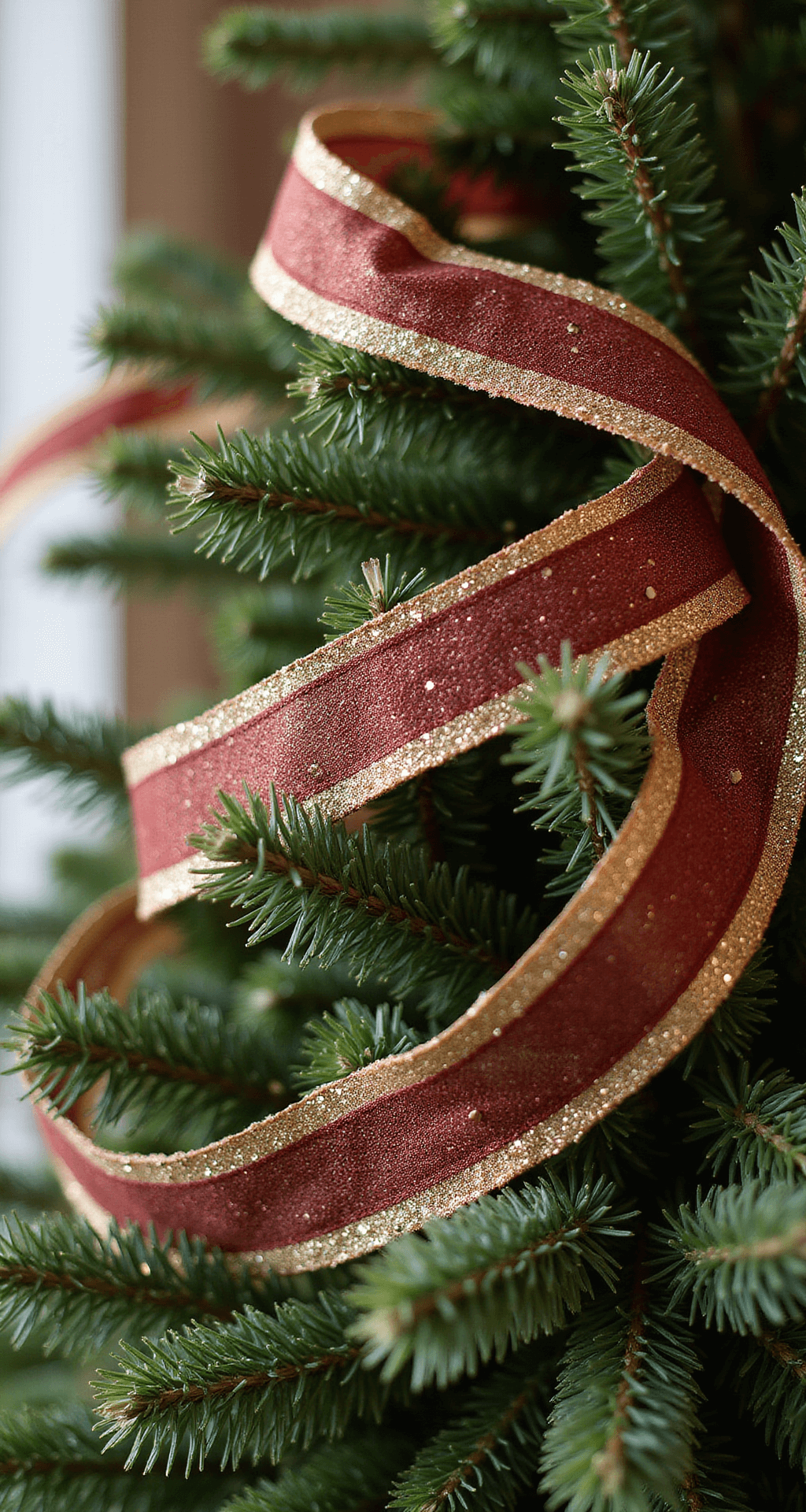 Intimate close-up of a tree top featuring layered ribbons of copper mesh, burgundy satin, and gold glitter interwoven through branches, with soft lighting casting dimensional shadows, highlighting the rich texture of the metallic elements against vibrant emerald needles.