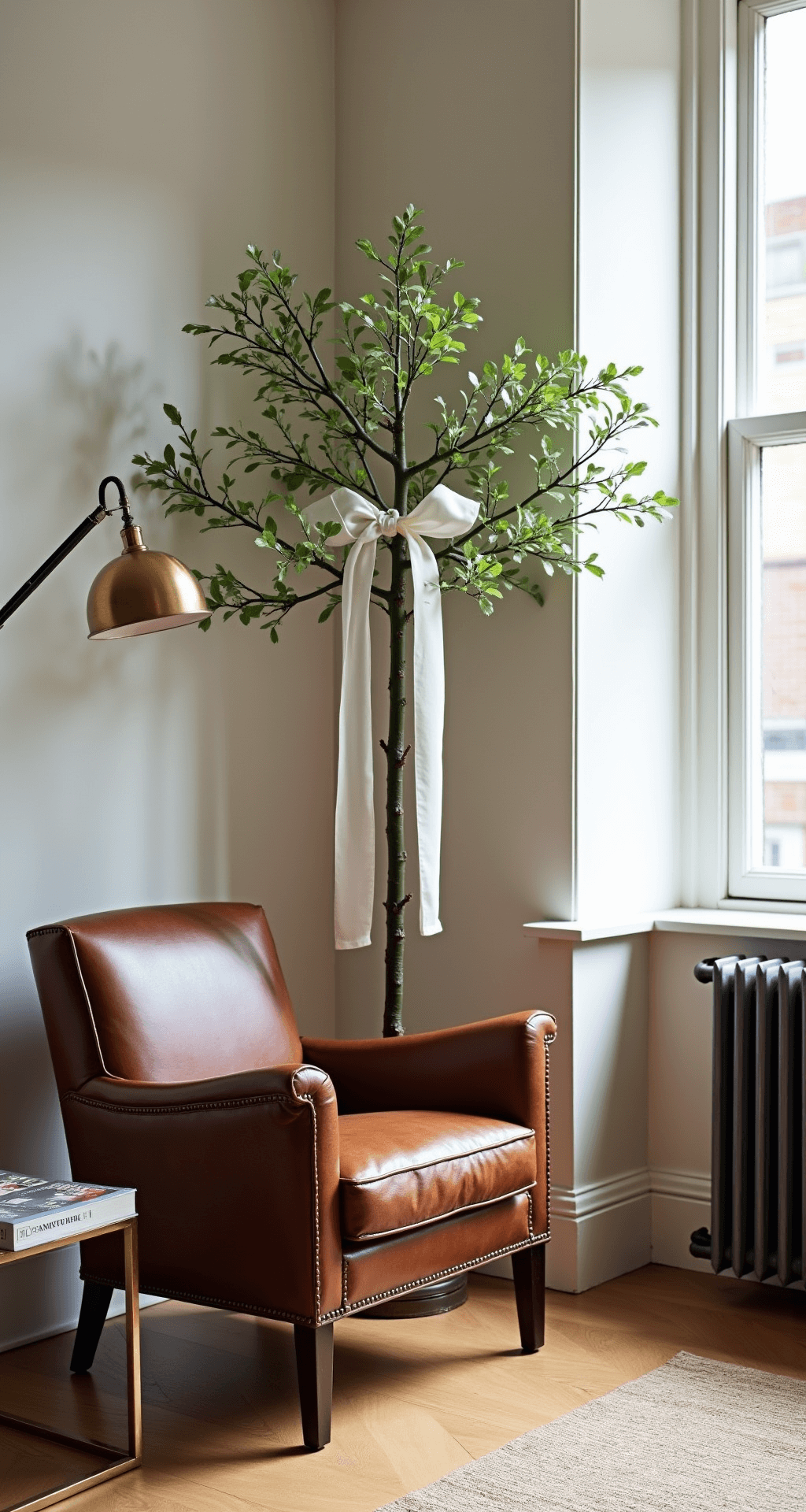 A cozy corner reading nook featuring a 6-foot slim tree adorned with minimalist ivory silk ribbon loops, set against dark green branches. The scene is softly illuminated by early morning light and a vintage floor lamp, complemented by a leather armchair and brass side table, captured at eye level with a neutral palette focusing on texture and form.