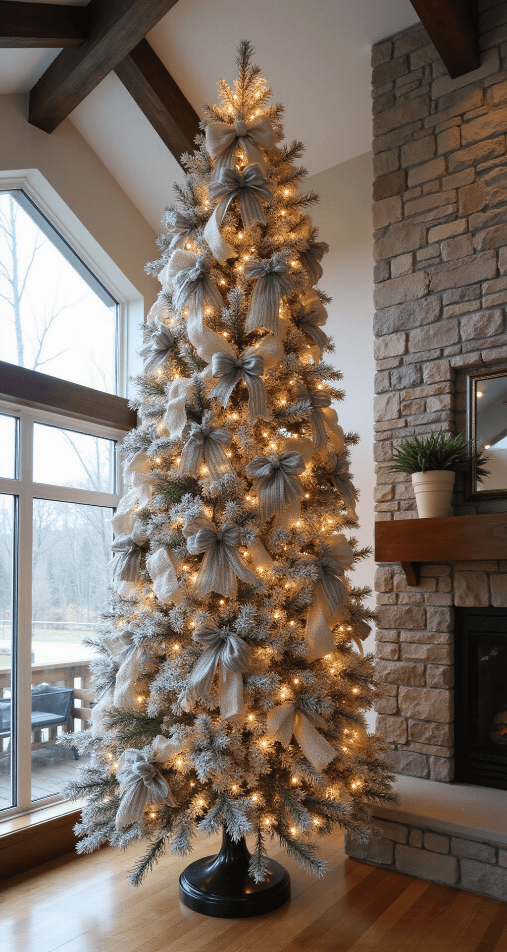 A rustic modern great room featuring a 10-foot flocked Christmas tree adorned with mixed ribbons, a vaulted ceiling with exposed beams, and a stone fireplace, all illuminated by natural and accent lighting.