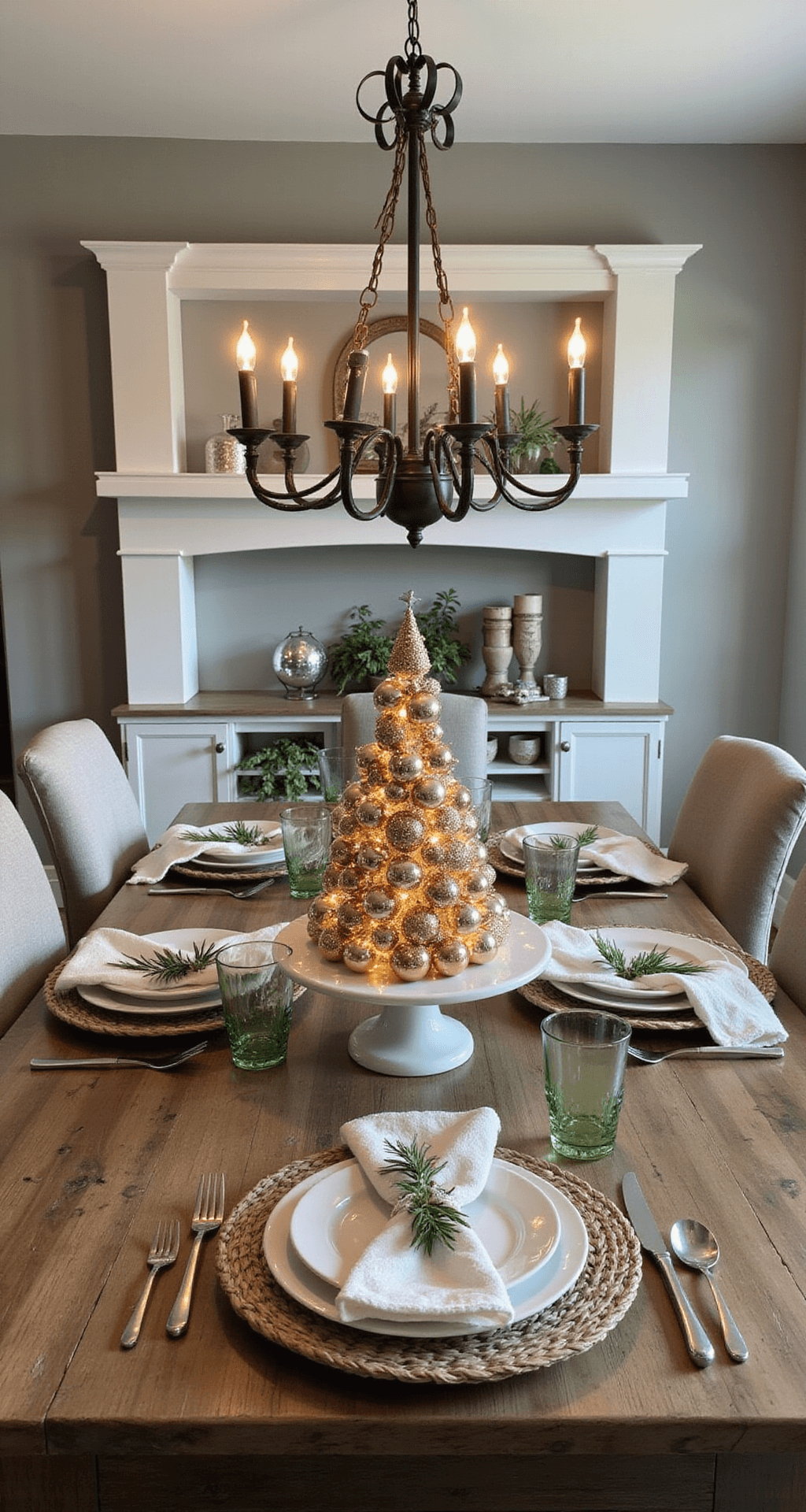A modern farmhouse dining room with a weathered oak table under a black iron chandelier, featuring warm evening lighting, glass gingerbread tree ornaments on a marble cake stand, sage green accents, white ceramic dinnerware, and silver candlesticks, all captured in a wide-angle shot.