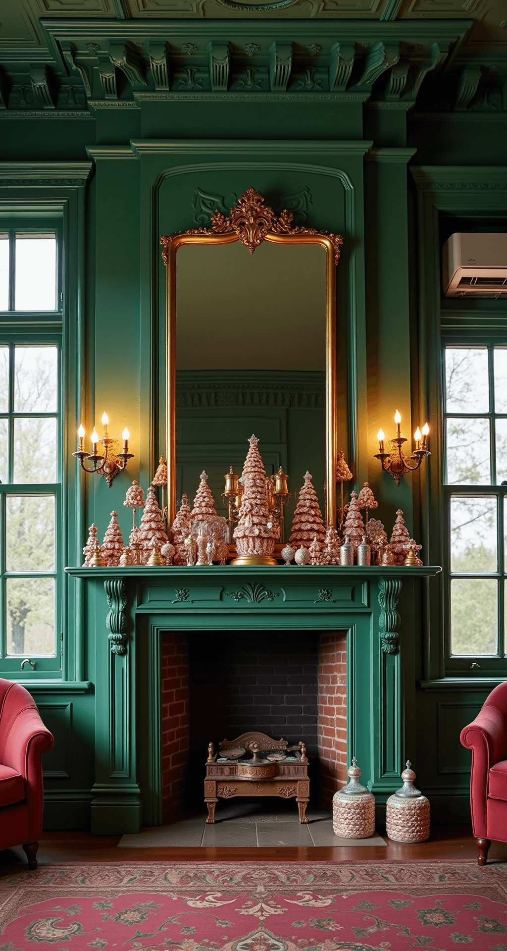 A cozy Victorian parlor with emerald green walls, intricate crown molding, and a grand fireplace adorned with gingerbread-themed decorations. The room is filled with natural light and the warm glow of vintage lamps, featuring luxurious velvet furniture and crystal decanters, captured from a low angle to highlight its height and ornate details.