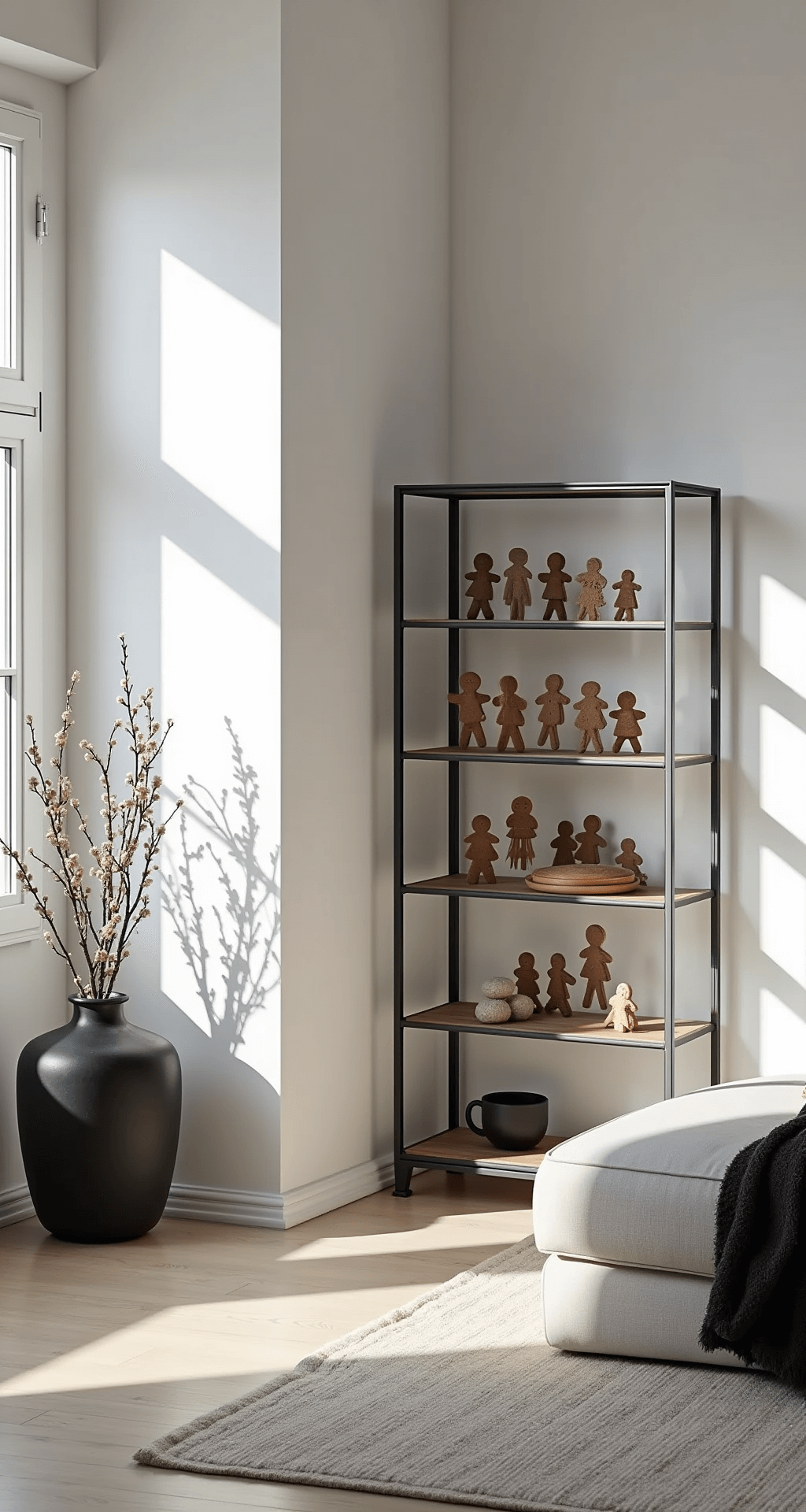 A minimalist Scandinavian living space with white walls, pale wood floors, and floor-to-ceiling windows. Morning light casts shadows on a contemporary metal and glass display cabinet showcasing felt gingerbread ornaments in muted earth tones, complemented by black accents and textured throws.