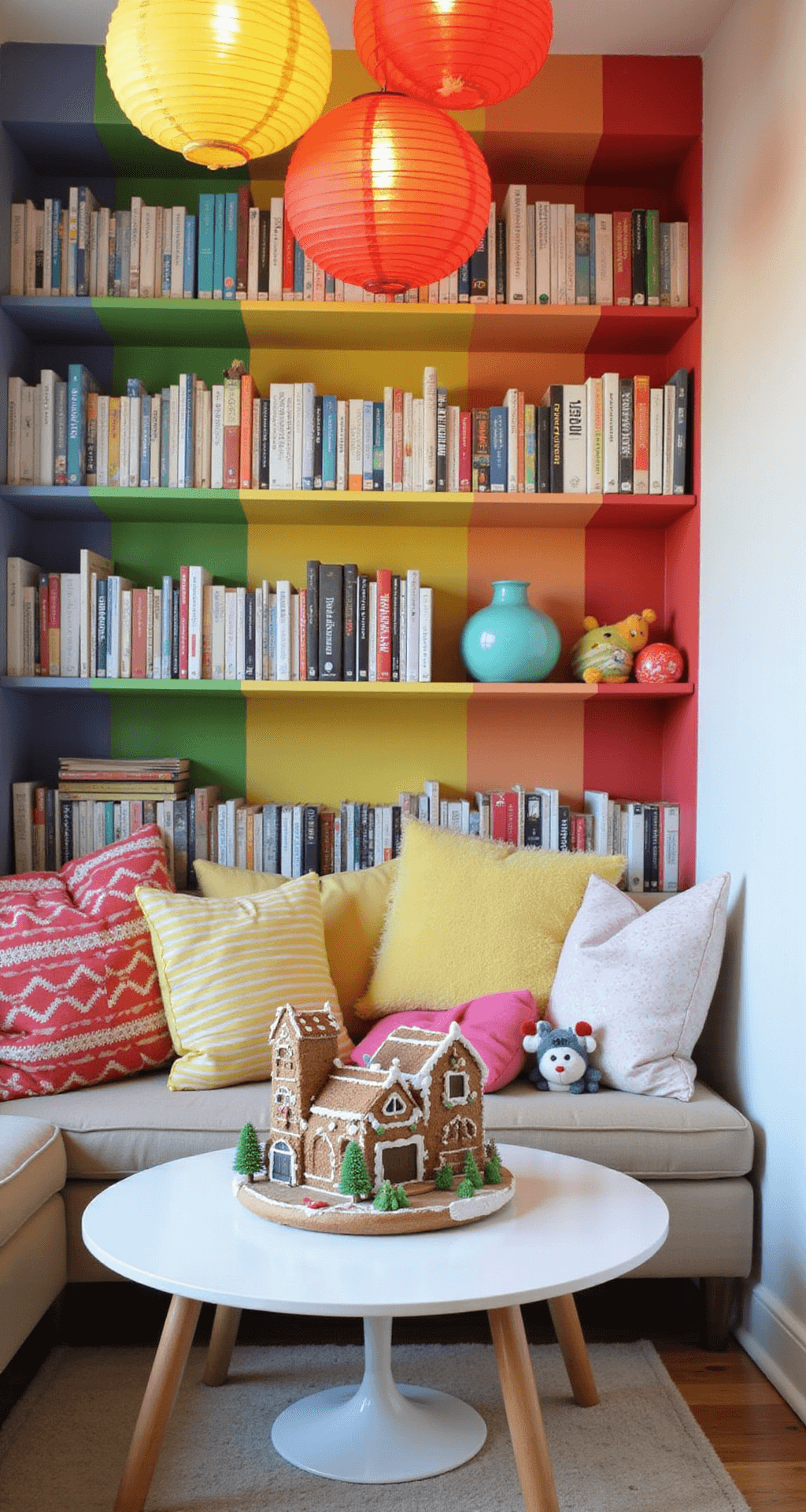 A cozy children's playroom nook featuring a rainbow bookshelf wall bathed in mid-morning light, colorful paper lanterns overhead, and a low white table adorned with a miniature gingerbread village, surrounded by festive throw pillows and soft toys, all viewed from a playful child's perspective.