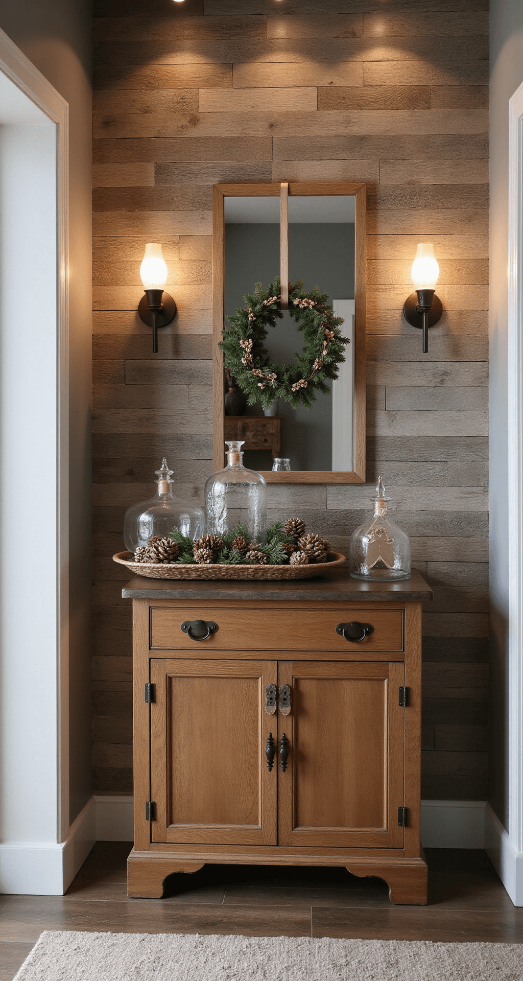 A cozy winter entryway featuring a reclaimed wood accent wall, dusk lighting with warm LED spots, and a tall narrow console table adorned with vintage-inspired gingerbread ornaments, pine cones, and mercury glass, enhanced by bronze hardware and leather accessories, captured from a slightly elevated angle.