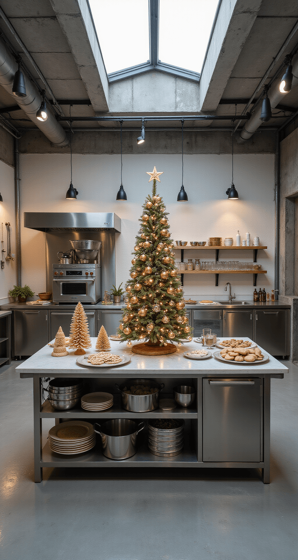 A contemporary kitchen studio featuring concrete floors and industrial elements, illuminated by bright midday light from a skylight. A professional baking station displays a stunning edible gingerbread tree centerpiece surrounded by metallic baking tools and modern brushed steel appliances, with a color palette of gray, forest green, and gold. The scene is set for commercial photography with multiple light sources.