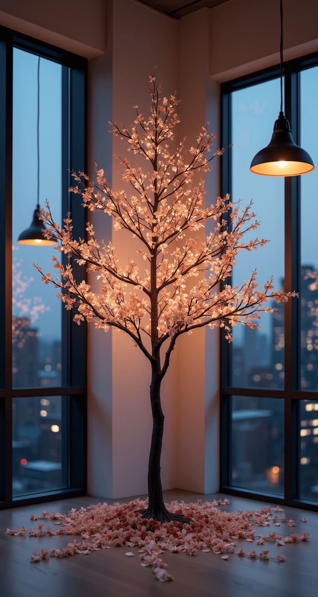 A modern minimalist loft space featuring floor-to-ceiling windows, dusk lighting casting silhouettes, a slim 10ft tree decorated with blush pink velvet, rose gold, and pearl white ribbons, and industrial pendant lights creating artistic shadows against an urban skyline background.