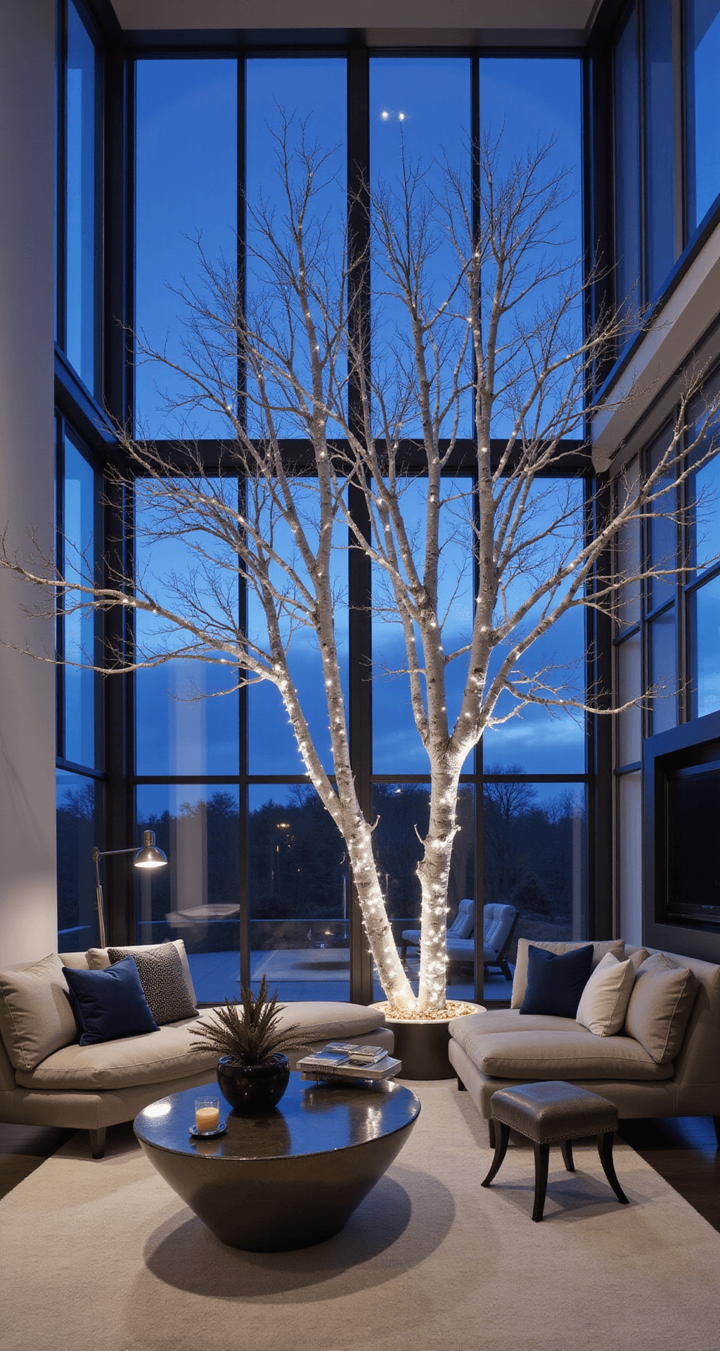 A contemporary great room with double-height windows, showcasing twilight blue hour lighting, an 11ft decorated tree with navy silk and silver lamé ribbons, minimal grey and chrome furnishings, and accent lighting highlighting the tree's geometric patterns.