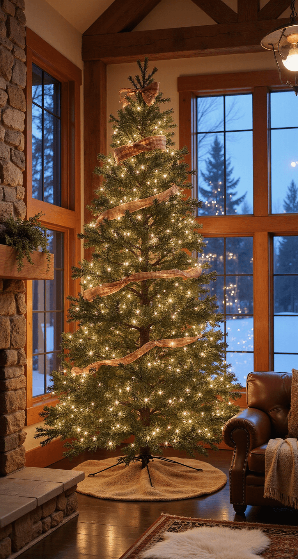 A cozy mountain cabin great room featuring exposed stone walls and timber beams, set in early evening with snow outside. An 8ft rustic Christmas tree decorated with buffalo check, burlap, and copper ribbons takes center stage, surrounded by a leather sectional and sheepskin rugs. Warm lighting and tree lights enhance the inviting ambiance.