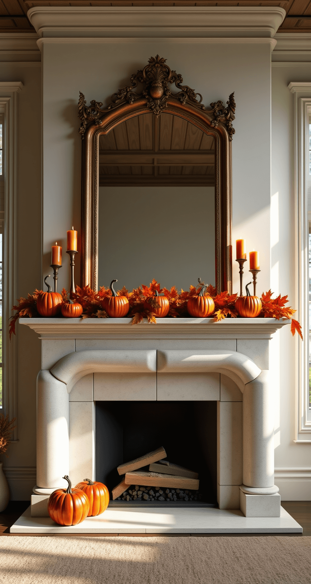 A grand limestone fireplace with a 6-foot wide mantel, adorned with heirloom copper candlesticks, rich orange velvet pumpkins, and a burnt sienna and gold maple leaf garland, illuminated by warm late afternoon sunlight. A large antiqued mirror reflects the display, highlighting the textures of limestone, copper, and velvet in a cozy living room setting.