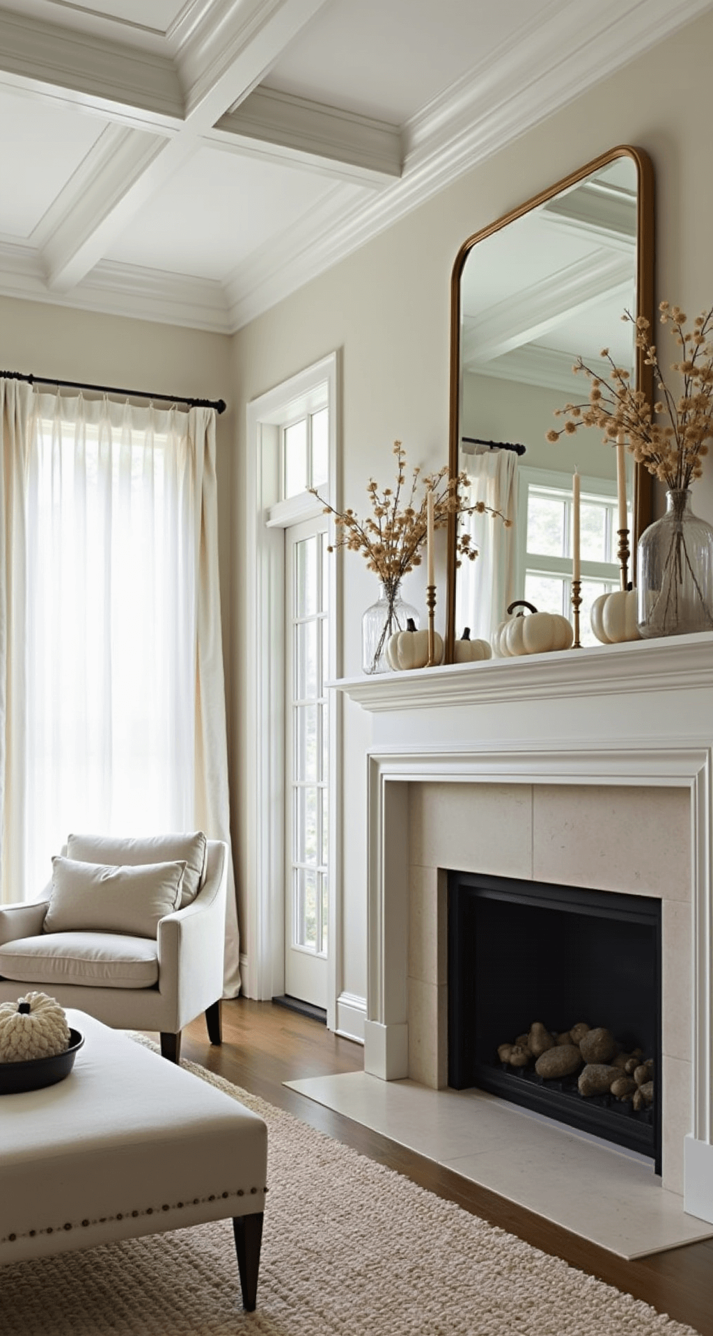 A wide-angle view of an elegant great room featuring coffered ceilings and a stone fireplace, adorned with white ceramic pumpkins, brass candlesticks, and dried lunaria stems, all bathed in soft morning light filtering through sheer linen drapes.