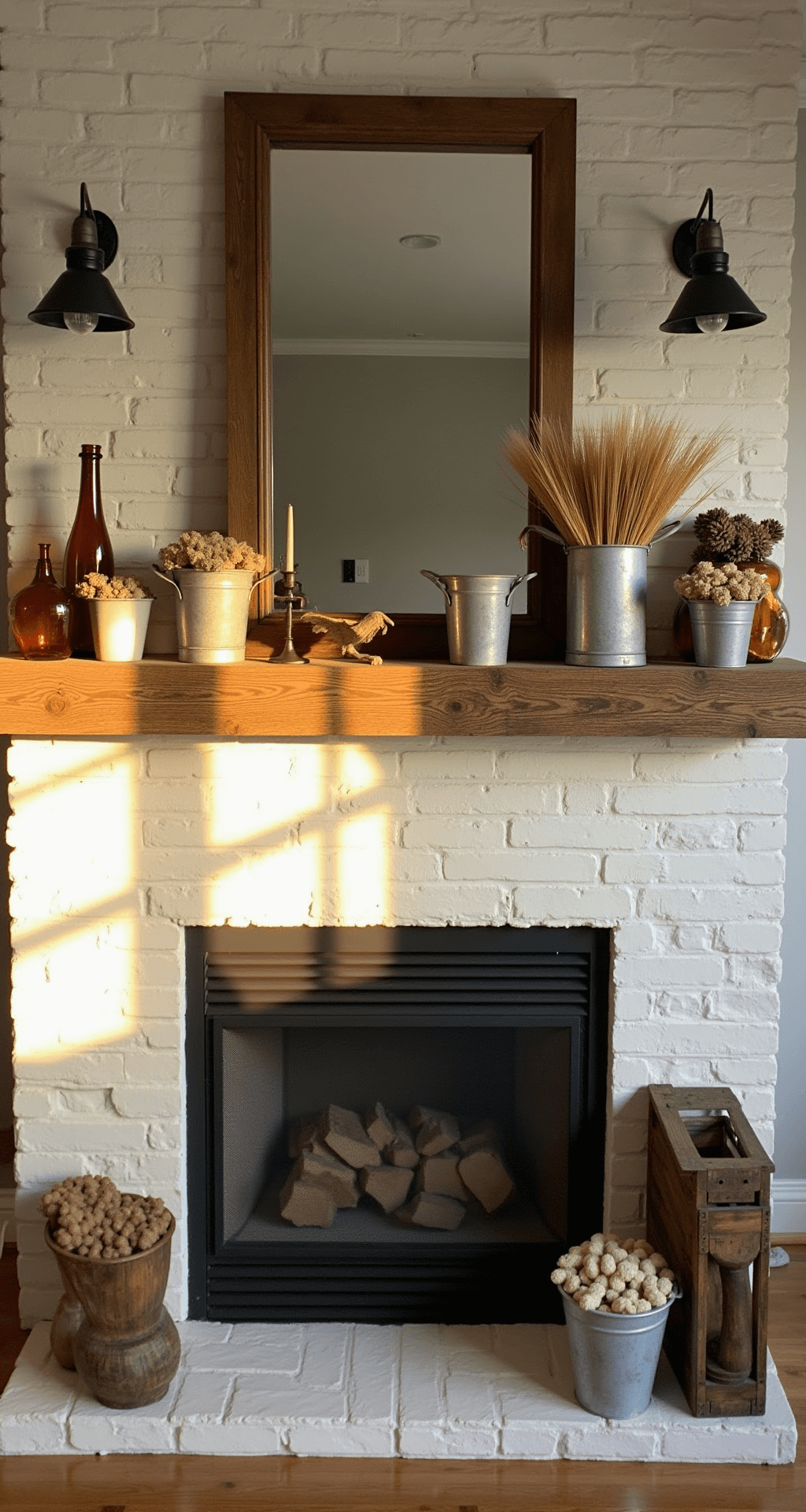 A cozy family room featuring a reclaimed wood beam mantel above a whitewashed brick fireplace, illuminated by warm golden hour light. The scene includes weathered galvanized buckets filled with wheat stalks, vintage wooden crates, amber glass vessels, and natural pinecone clusters, captured from a right corner angle to highlight the textural layers in wheat gold, weathered gray, warm white, and deep brown tones.