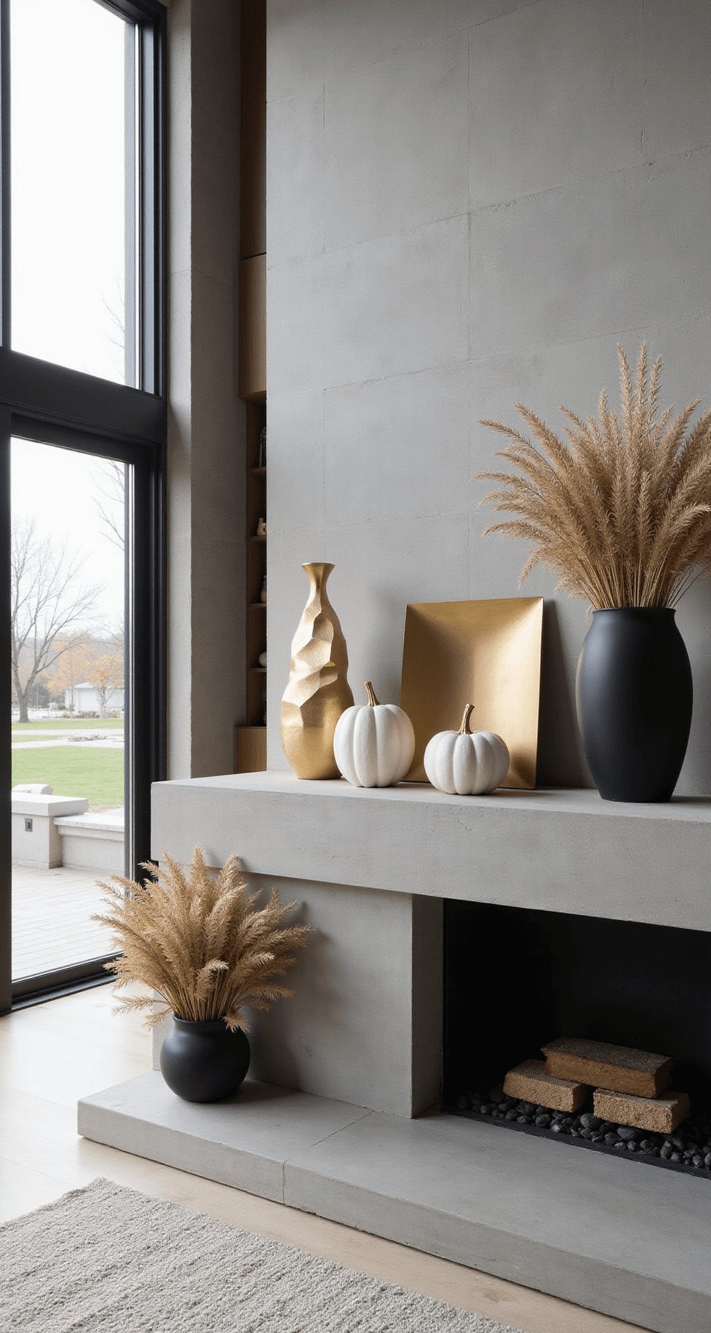 A contemporary double-height great room with a floating concrete mantel, featuring floor-to-ceiling windows and midday light casting architectural shadows. The space is adorned with geometric brass sculptures, white ceramic pumpkins, and structured dried grass arrangements in black vessels, showcasing a palette of charcoal, warm white, and antiqued brass.