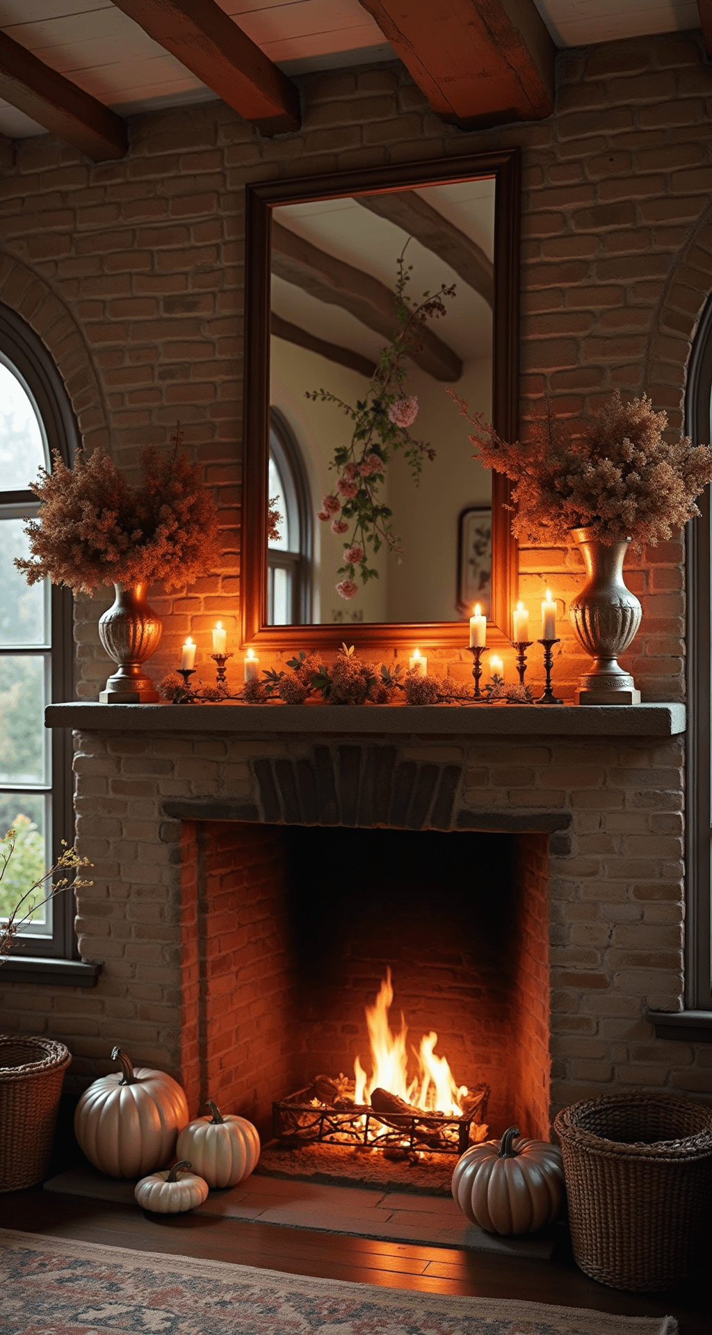 Cozy living room featuring a vintage brick fireplace with candles aglow, adorned with mercury glass pumpkins and dried hydrangeas in copper urns, against a backdrop of exposed beams and intimate dusk lighting in deep purple tones.