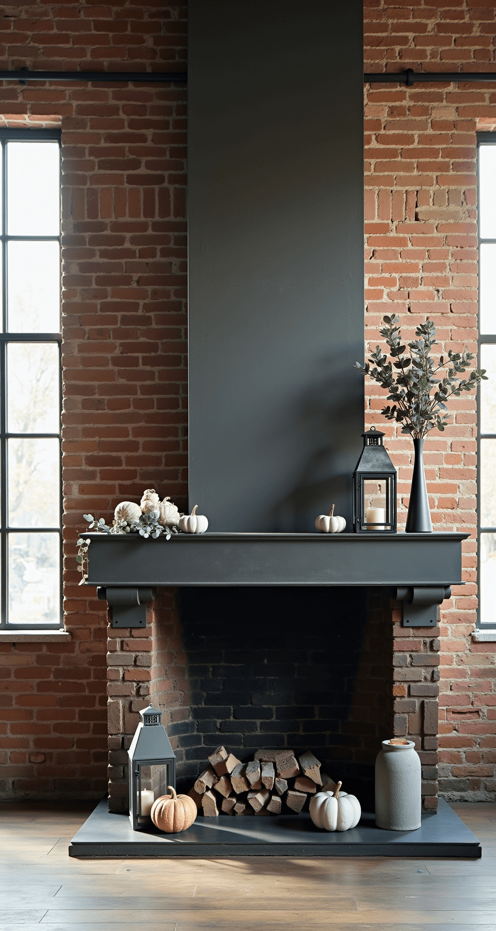 A raw steel mantel on exposed brick in a loft with 18-foot ceilings, styled with black metal lanterns, concrete pumpkins, and dried eucalyptus, illuminated by dramatic afternoon light filtering through factory windows.
