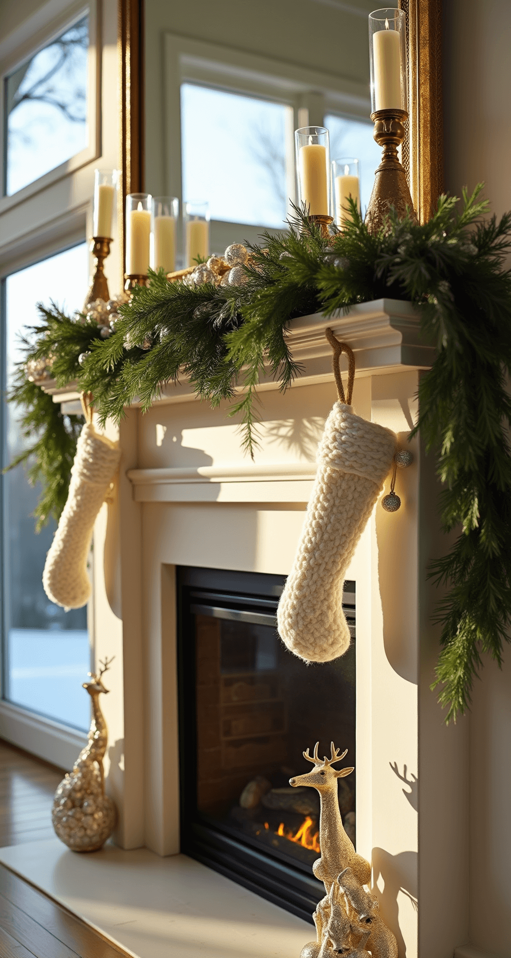 A grand living room featuring a limestone fireplace adorned with a cascading pine garland and mercury glass candle holders, captured during golden hour with soft sunlight filtering through large windows, accented by white stockings and vintage brass reindeer figurines.