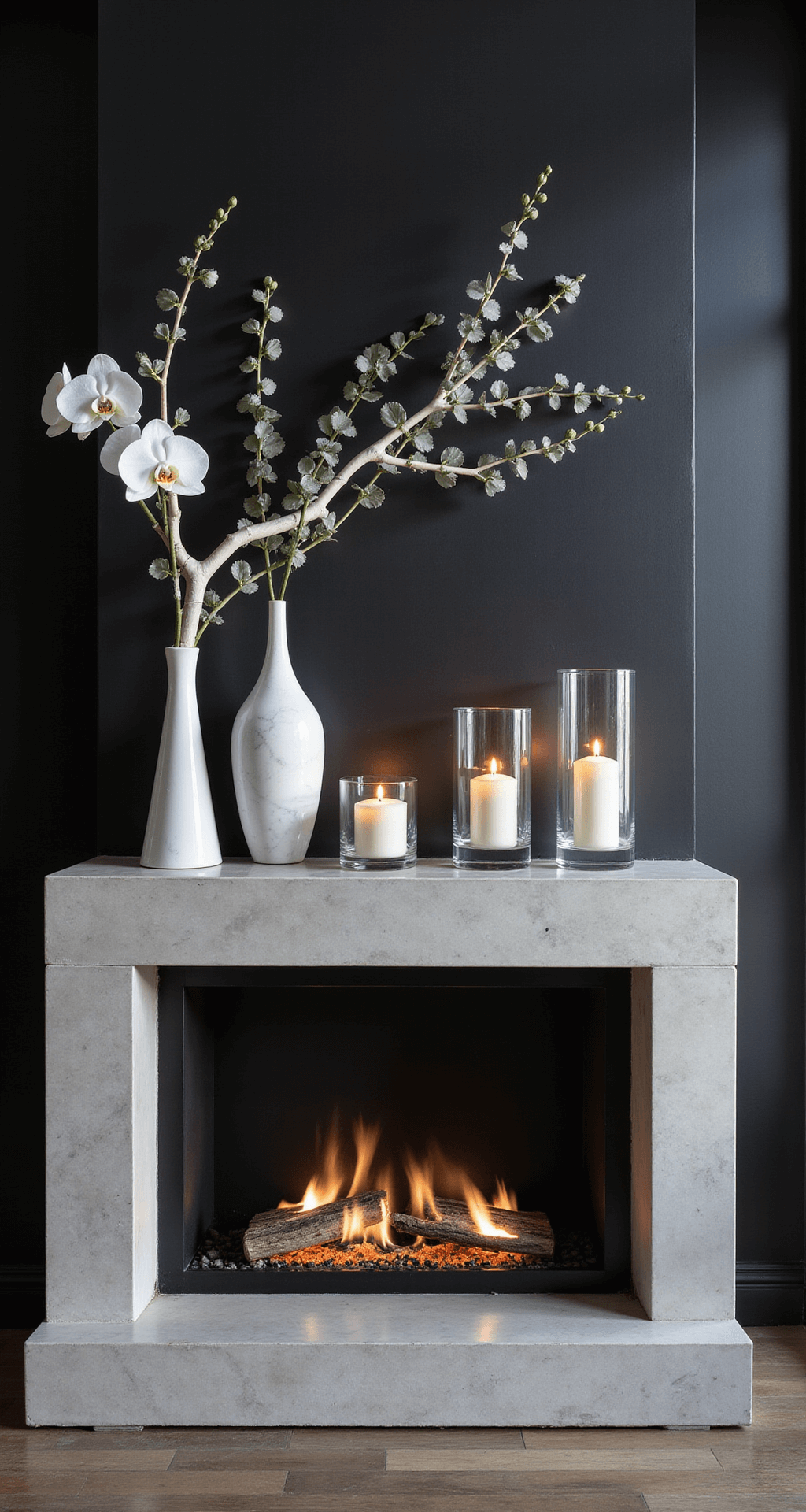 A modern minimalist penthouse fireplace at night features a floating concrete mantel against a matte black wall, adorned with asymmetrical white branch lights intertwined with silver dollar eucalyptus. Geometric marble vessels hold white orchids, while clear glass hurricanes with floating candles add reflective light play. The monochromatic scheme includes whites, grays, and blacks with chrome accents, emphasized by key lighting from hidden LED strips creating dramatic shadows.