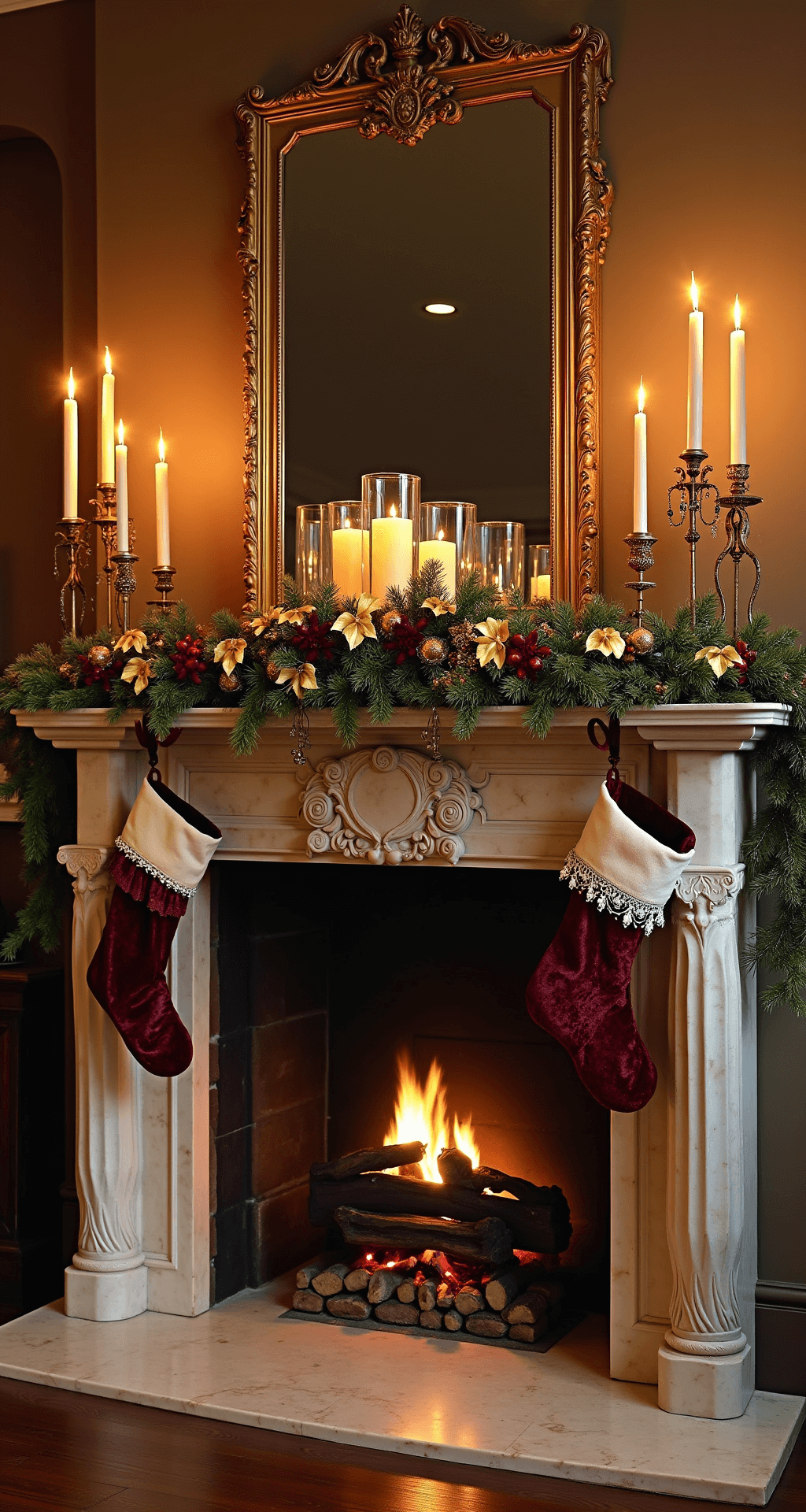 Traditional formal living room at twilight featuring a classic marble fireplace with intricate millwork, adorned with opulent garland of gold magnolia leaves and burgundy velvet ribbon. Antique mercury glass hurricanes with ivory candles and decorated family heirloom stockings create an elegant ambiance, enhanced by rich jewel tones and dramatic side lighting.