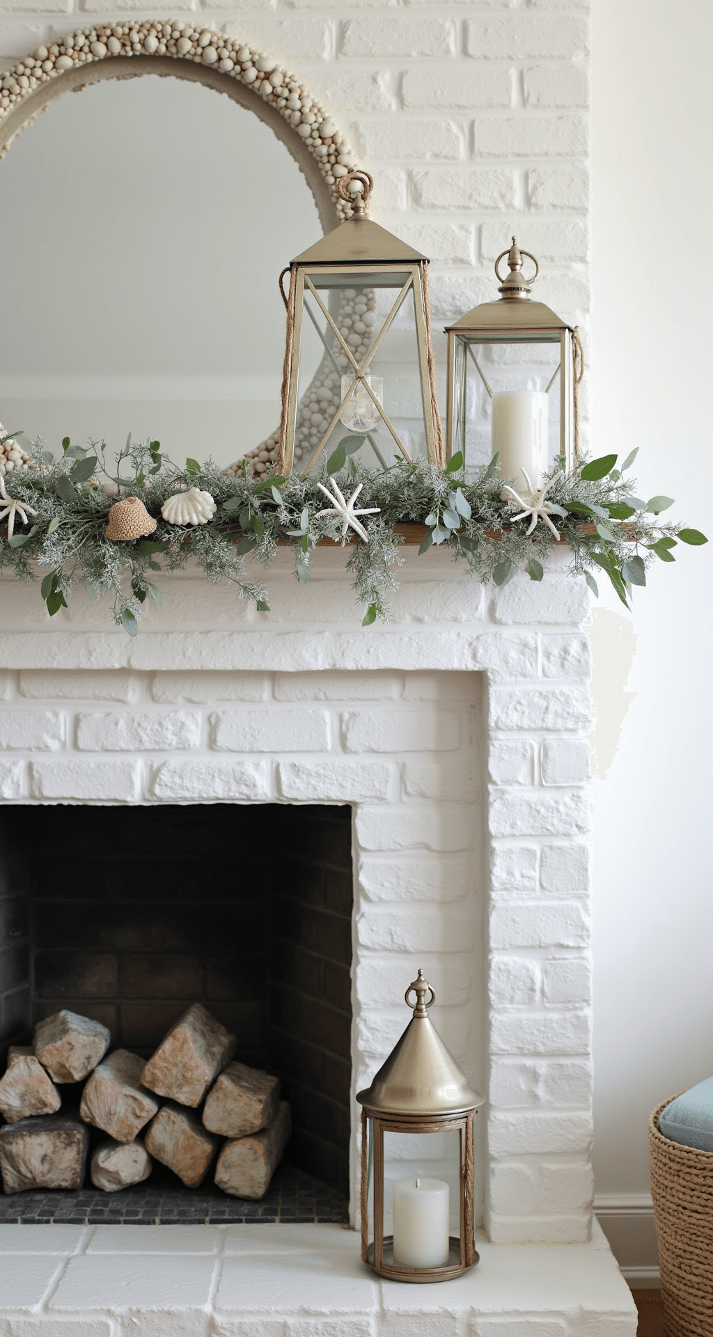 Coastal cottage fireplace featuring a white brick surround inlaid with shells, adorned with an ethereal garland of silver-frosted cedar, starfish, and coral. Mercury glass lanterns wrapped in sisal rope complement driftwood accents, all set against a tranquil coastal palette of whites and soft blues in diffused afternoon light.