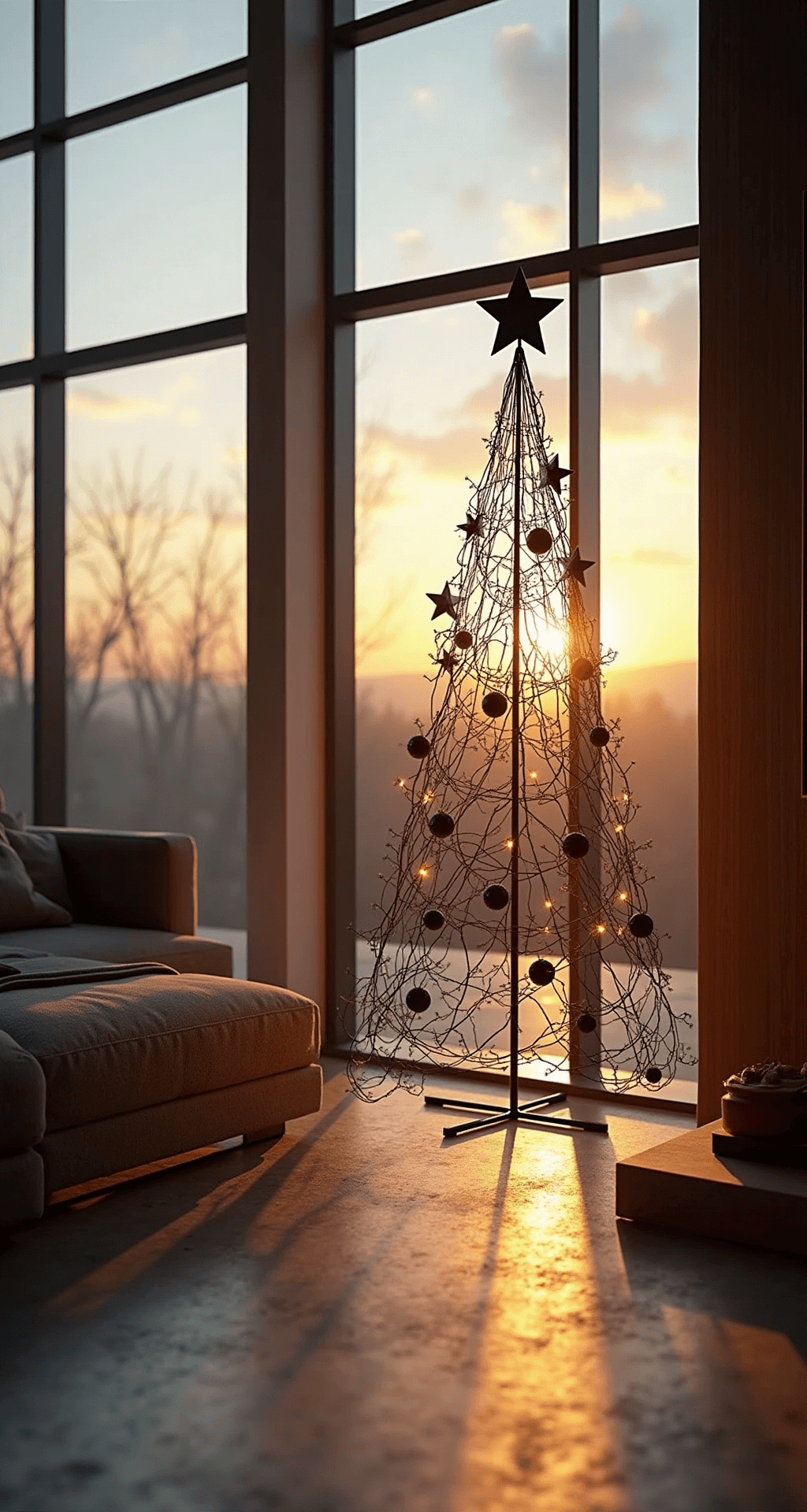 A minimalist living room with a tall ceiling, featuring a wireframe metal Christmas tree adorned with black geometric ornaments and LED lights, illuminated by golden hour sunlight through floor-to-ceiling windows. The room has a low-profile charcoal sectional, concrete floors, and brass accent tables, creating a modernist ambiance.