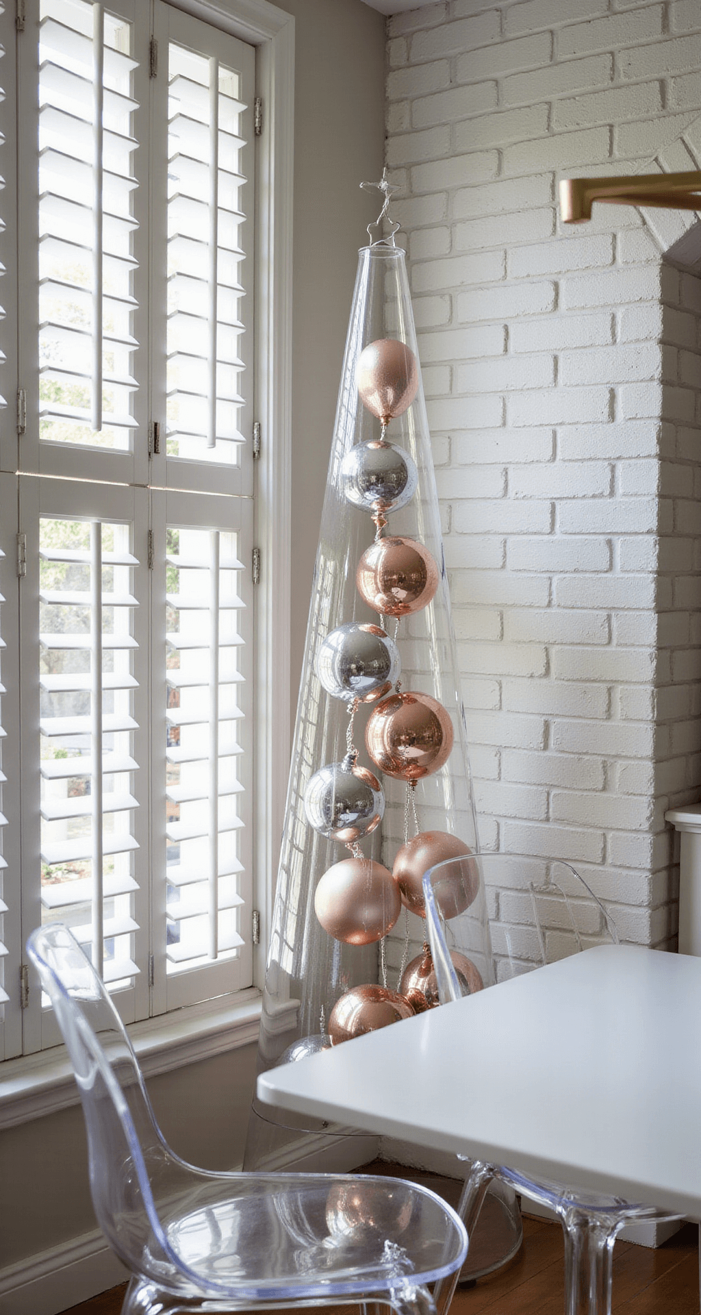 Close-up of a 7ft tall transparent acrylic Christmas tree against a textured white brick wall in a breakfast nook, with morning light creating prismatic effects. Metallic orbs in rose gold and chrome appear to float within the tree, surrounded by a modern tulip table and ghost chairs, under a minimalist brass pendant light. Shot from a low angle to highlight the tree's height and details.