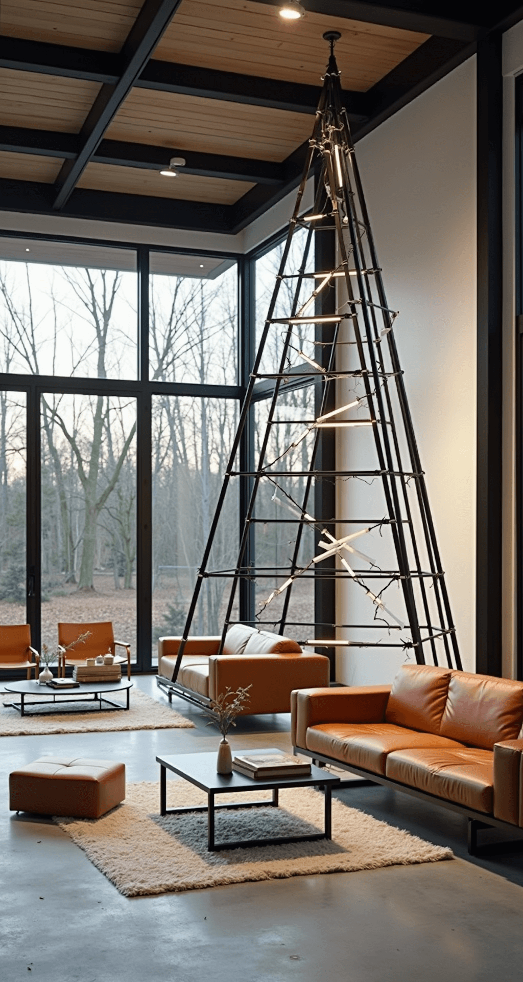 A contemporary great room with a black metal Christmas tree featuring asymmetrical design elements, adorned with oversized matte white geometric shapes and LED light strips. The space showcases mid-century cognac leather furniture, polished concrete floors, and black steel beam ceiling details, illuminated by late afternoon light and architectural track lighting. The elevated wide-angle view highlights the open-concept layout and spatial relationships.