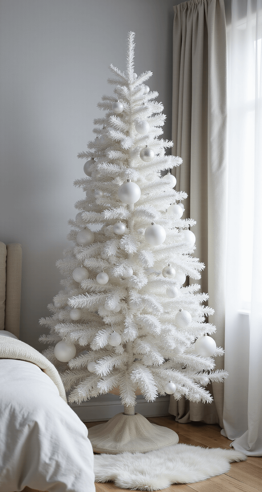 A cozy Scandinavian-inspired bedroom corner featuring a 6ft monochromatic white Christmas tree adorned with all-white ornaments in various textures, set against pale gray walls and white oak flooring, illuminated by soft morning light filtering through sheer curtains.