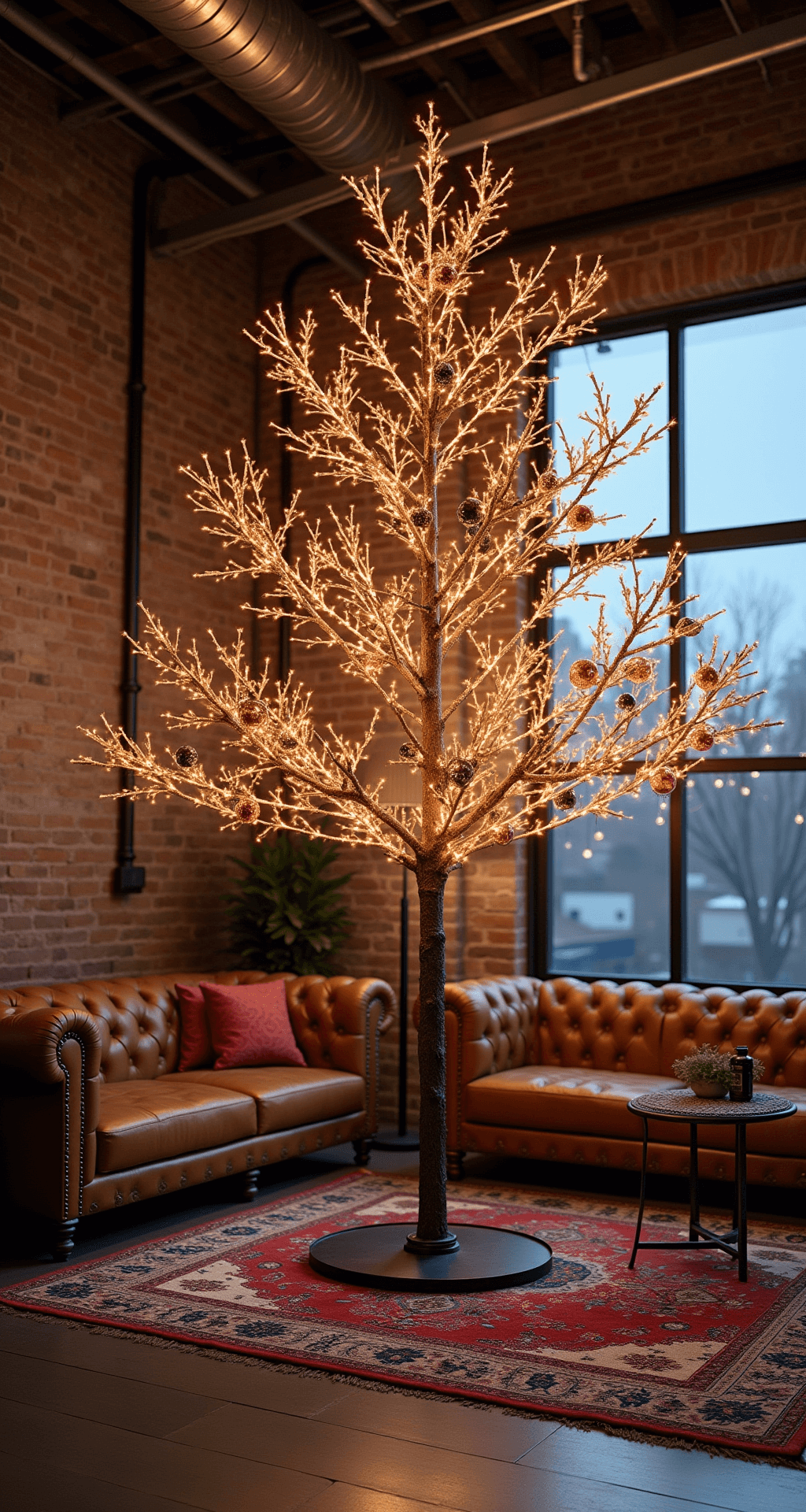 A wide shot of a stylish urban loft with exposed brick walls and industrial ductwork, featuring a 10ft rose gold metallic tree adorned with black and copper geometric ornaments. The space is illuminated by dusk lighting and a city glow visible through factory windows, with smart LED strips on the tree creating a light show. A leather Chesterfield sofa and a vintage Persian rug complement the mixed metal accents, all captured from an elevated perspective.