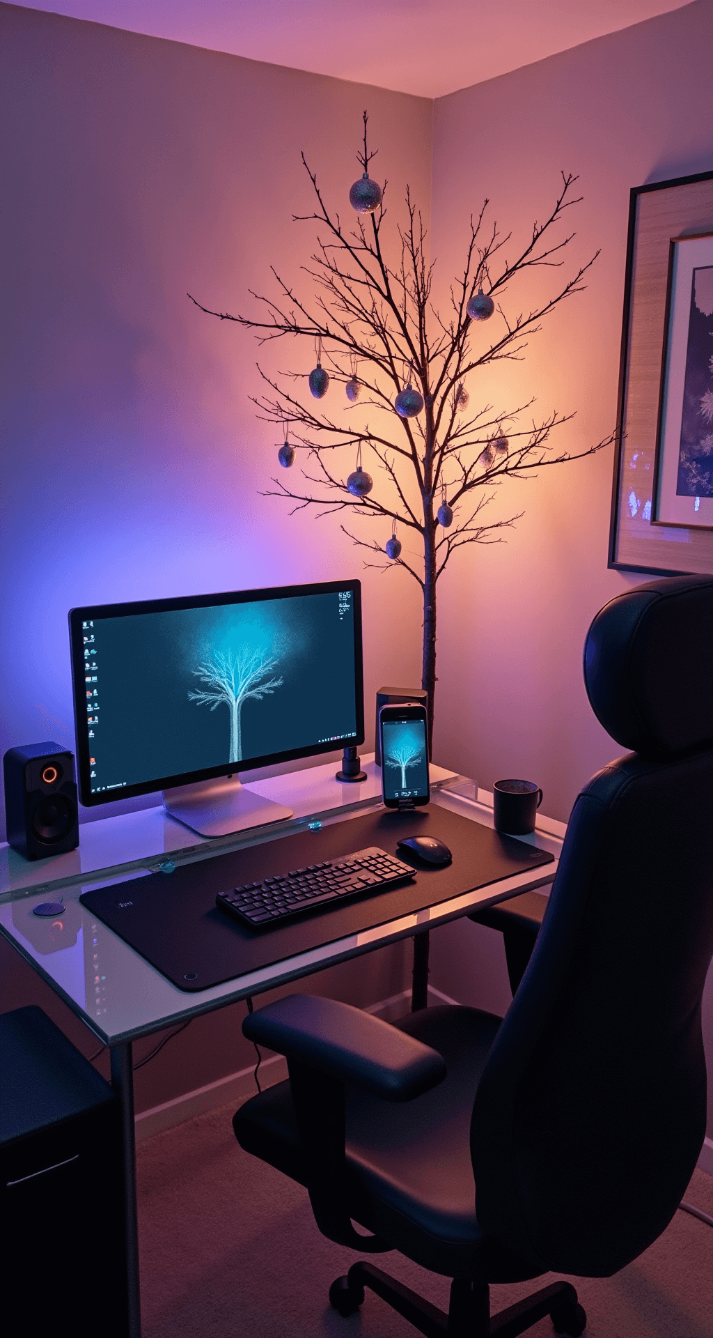 A modern home office featuring a 7ft smart LED tree with app-controlled lighting, cool evening ambiance, brushed aluminum structure, a contemporary glass desk, ergonomic furniture, and abstract wall art, captured from desk level to highlight the tech elements and lighting effects.