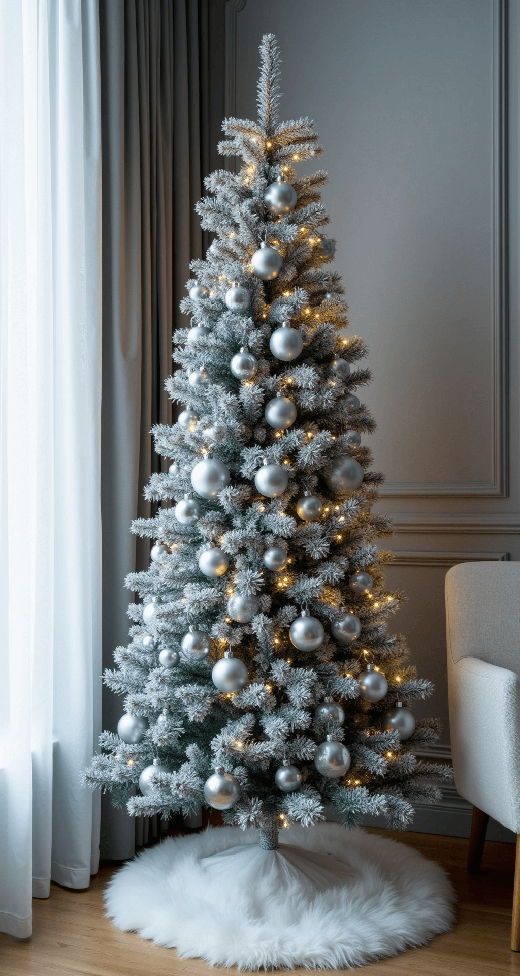 A modern apartment corner with a 7-foot slim tree against dove grey walls, adorned with metallic ornaments and illuminated by cool afternoon light filtering through sheer curtains, featuring a minimalist Scandinavian furniture layout.