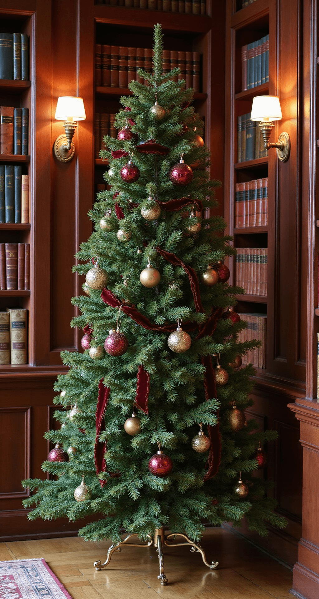 A traditional library with a noble fir Christmas tree adorned with vintage-inspired ornaments, rich jewel tones, and cascading velvet ribbons, set before built-in bookcases, illuminated by warm sconces, all captured from a corner angle.