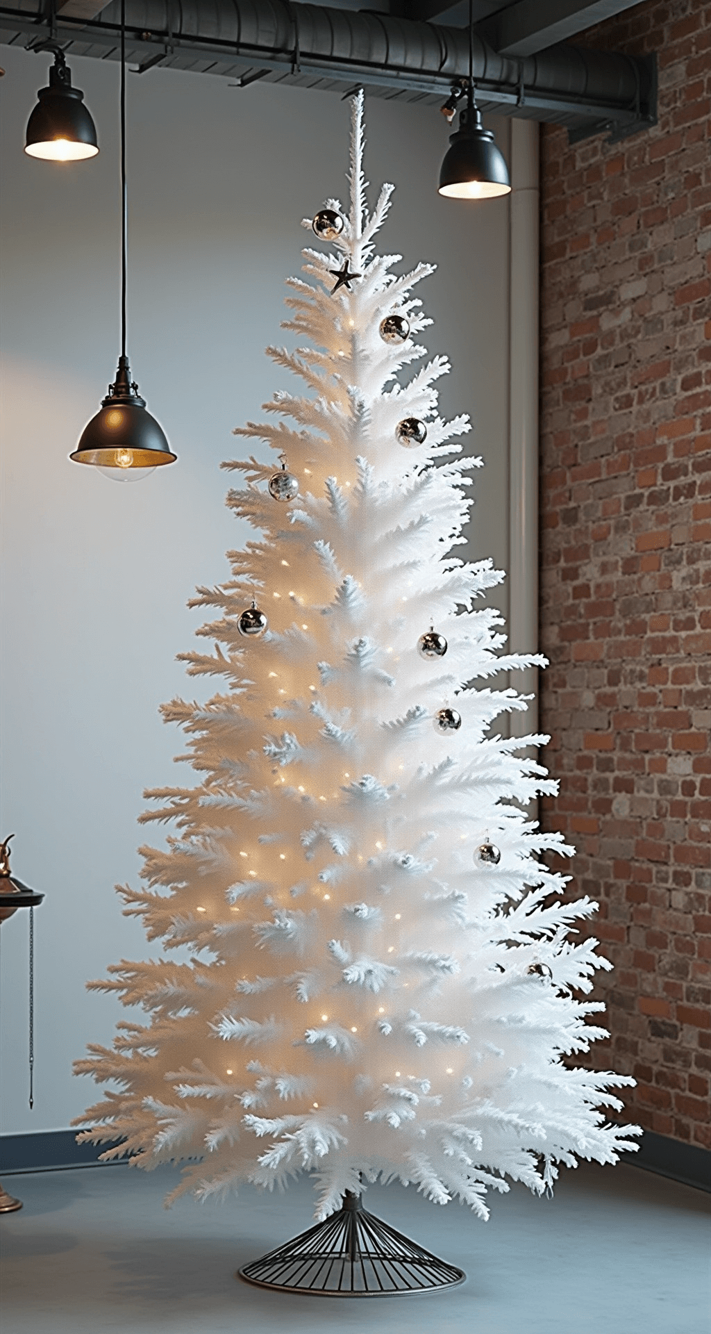 A minimalist loft featuring a 6-foot white flocked tree against an exposed brick wall, illuminated by industrial pendant lights casting dramatic shadows. The decor showcases a monochromatic white and silver scheme with various textures, including matte and metallic elements, while a geometric metal tree collar enhances the modern aesthetic. Clean lines are highlighted by the careful placement of ornaments, with a camera angle emphasizing the vertical architecture.
