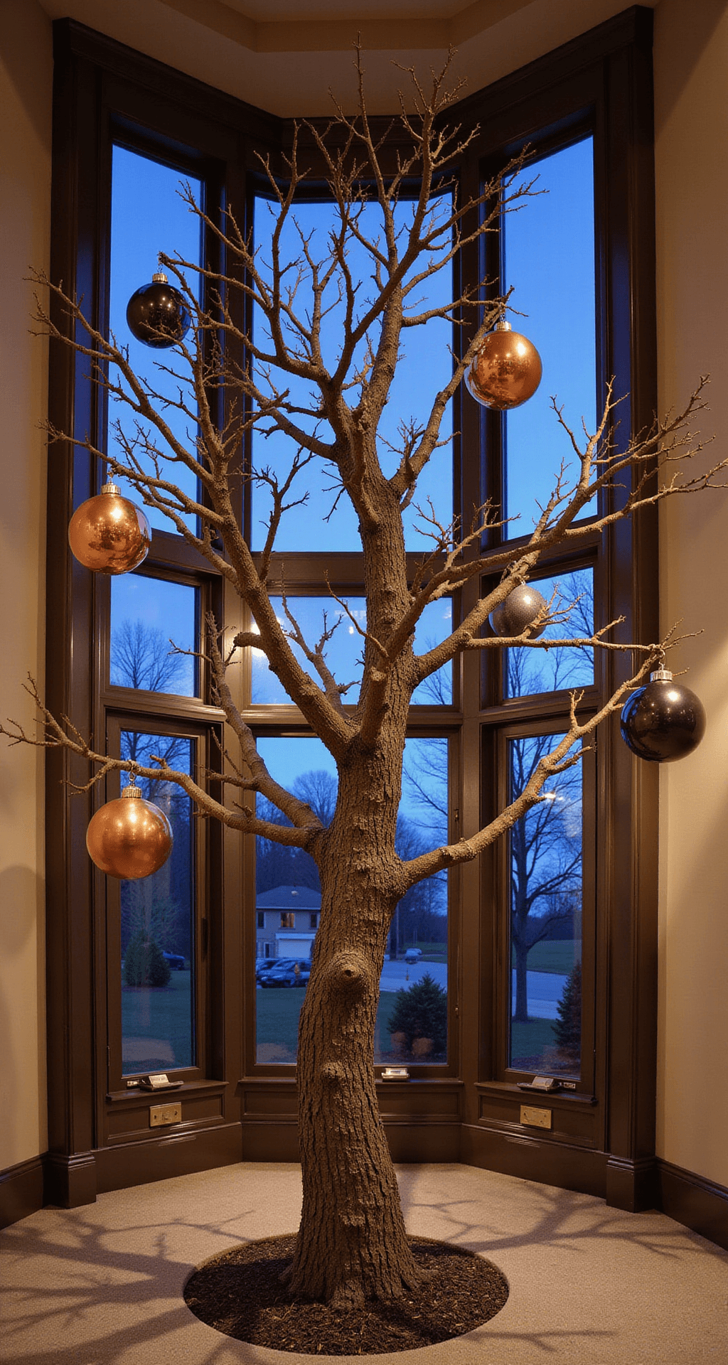 Contemporary great room at dusk featuring an 11-foot tree in a window bay, adorned with oversized abstract ornaments in copper, bronze, and black, complemented by geometric metal tree collar and color-changing LED lights, captured from a dramatic angle.