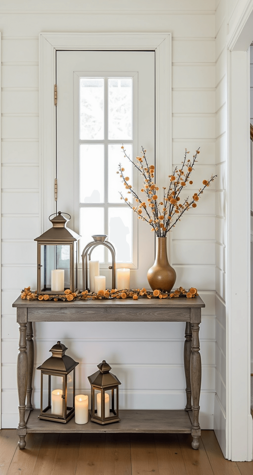 An inviting 8x10ft foyer featuring white shiplap walls and weathered oak flooring, with a vintage console table adorned with brass lanterns and warm-white candles, a circular mirror above, and a dried orange slice garland, all illuminated by natural light from a frosted glass door.