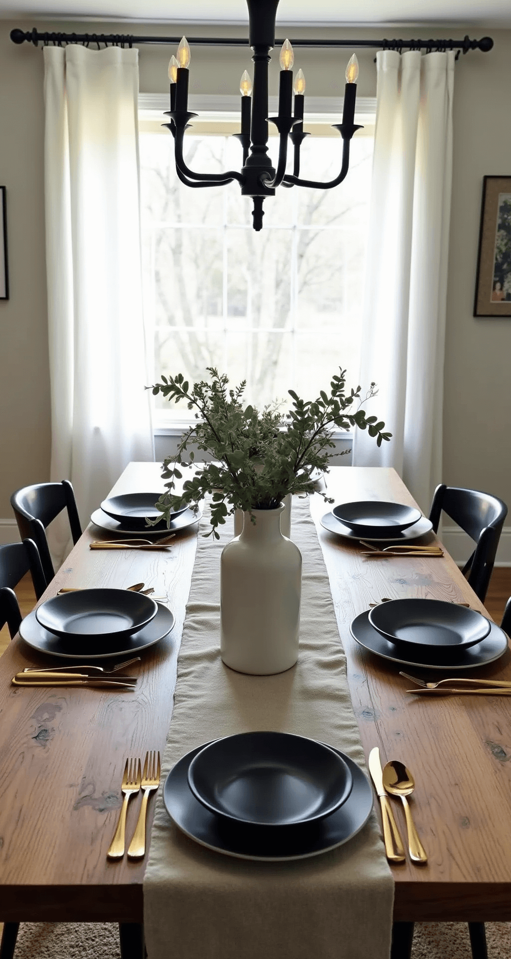 A serene dining setting featuring a reclaimed oak table under a black iron chandelier, adorned with a white ceramic centerpiece of eucalyptus and pine, natural linen runners, matte black plates, and gold flatware, with morning light casting shadows through sheer curtains, all in neutral earth tones.