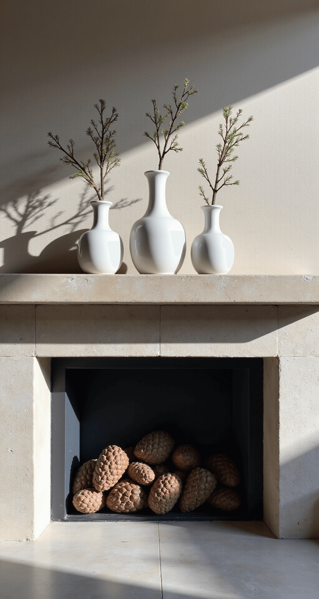 A minimalist mantel vignette featuring a 6ft limestone fireplace mantel styled with negative space, displaying white ceramic vases with pine branches and natural pine cones, illuminated by warm afternoon light casting shadows.