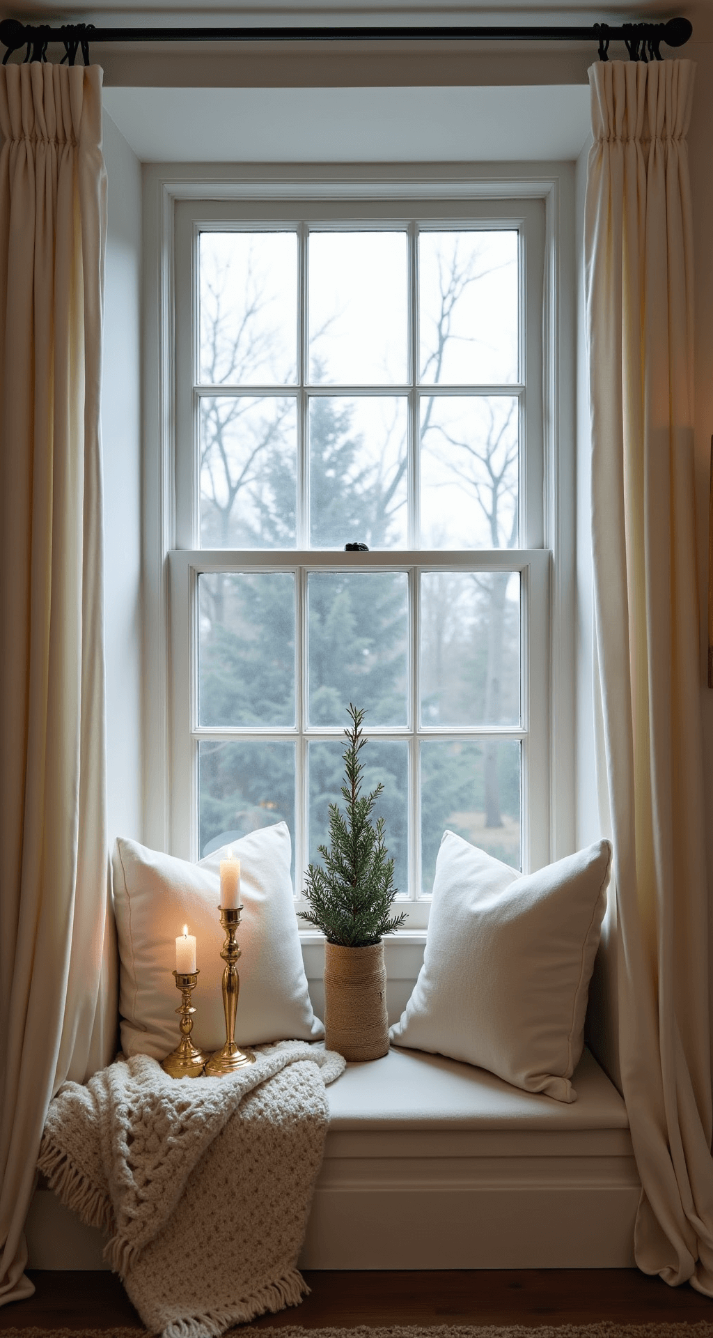 Cozy window nook featuring a plush cream window seat with natural linen cushions and a chunky knit throw, a potted rosemary tree in burlap, vintage brass candlesticks, and soft twilight blue light filtering through gossamer curtains, creating a hygge atmosphere with soft whites, aged brass, and deep greens.