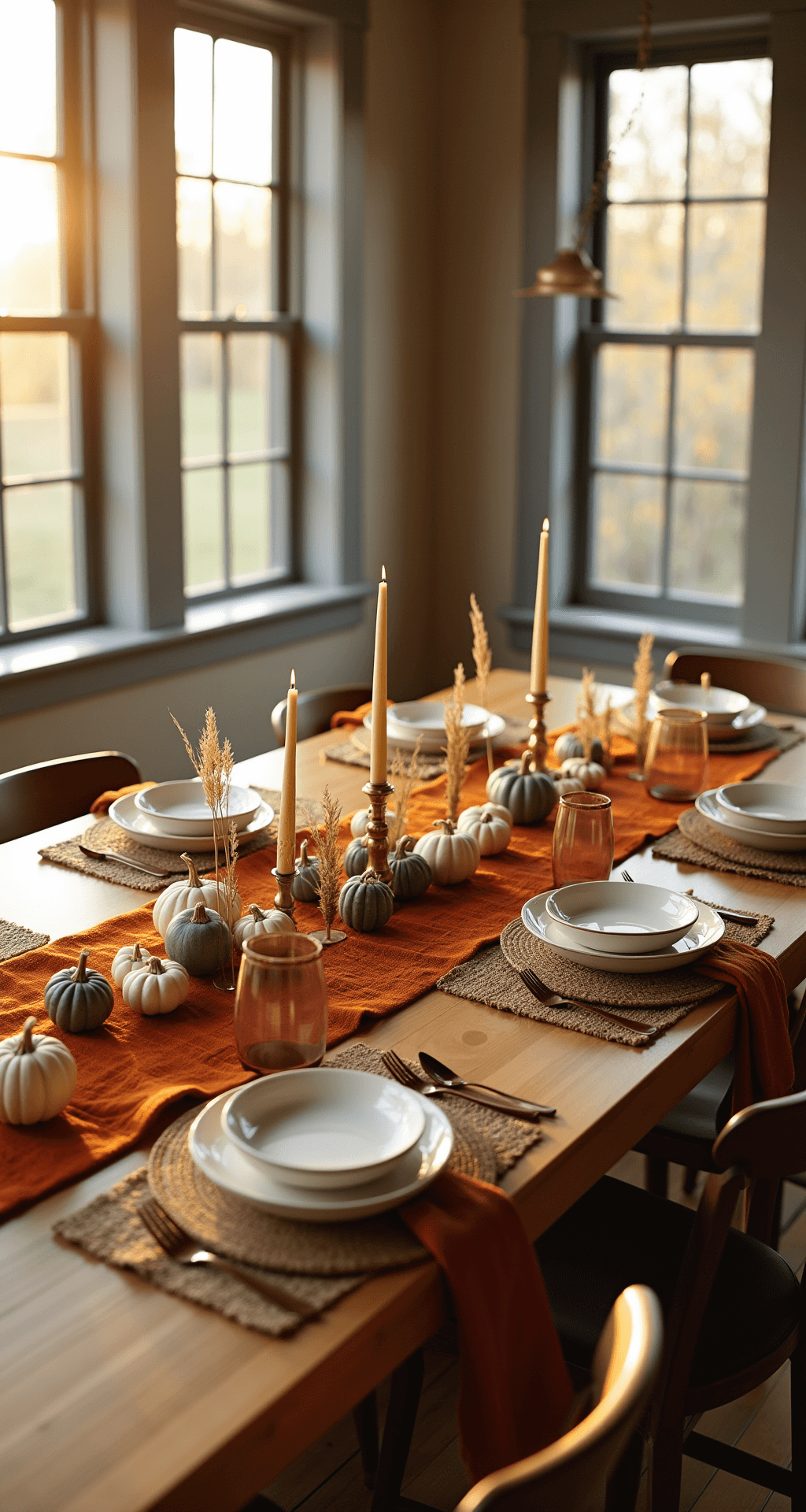 Intimate dining room with golden hour sunlight, featuring a rectangular oak table set with a rust-orange runner, brass candles, white and sage green pumpkins, and natural placemats. Modern farmhouse style with burnt orange linen napkins and copper-rimmed glasses.