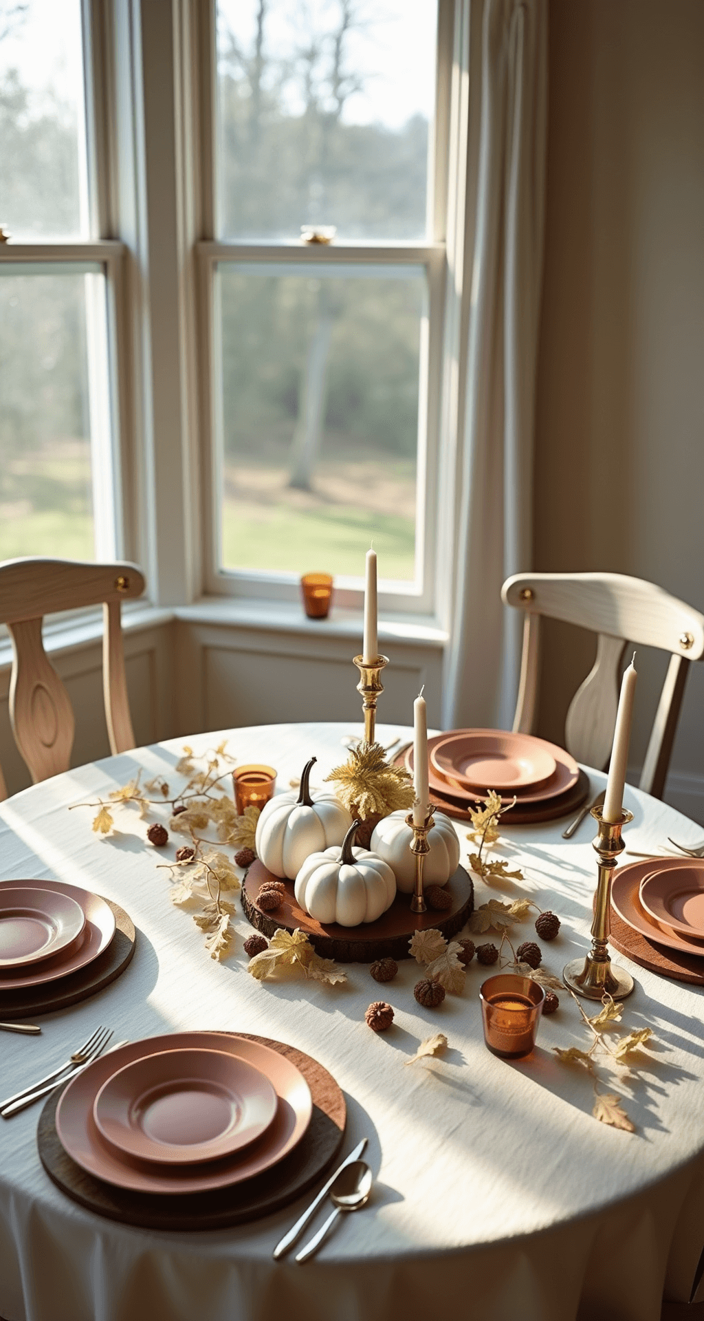 A sunlit breakfast nook featuring a round pedestal table dressed in an ivory linen tablecloth, adorned with a delicate autumn leaf garland, white ceramic pumpkins, mercury glass votives, and scattered acorns. The table settings include wooden chargers, warm terracotta artisanal pottery plates, and blush pink napkins, captured from an overhead angle with soft lighting and a focus on textural contrasts.