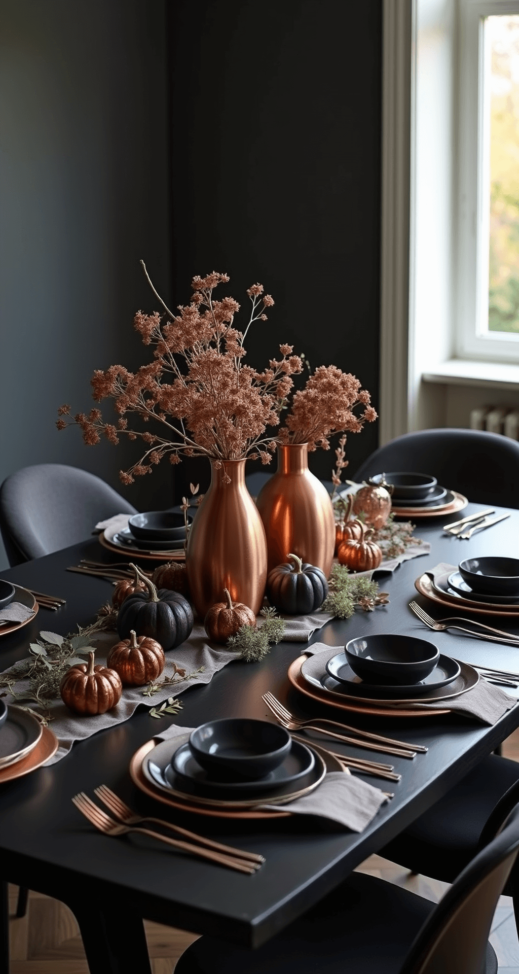 Contemporary dining space featuring a black minimalist dining table adorned with dried hydrangeas, copper vessels, and dark purple mini pumpkins, set against dramatic afternoon side lighting. The modern place settings include black stoneware and copper chargers, with slate gray linens. Eucalyptus and metallic pine cones scatter across the table, creating an organic texture in a rich palette of deep purples, copper, and black.